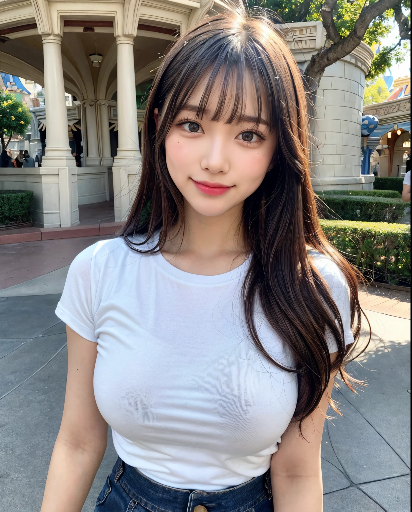 8K,Best Quality, masutepiece, ultra-detailliert, 超A high resolution, Photorealistic, Raw photo, absurderes, absolutely resolution, 1girl in, Solo,Upper body, (Looking at Viewer:1.3),a Japanese young pretty girl,hyper cute face, Glamorous figure, , Long bob hair ,Smile,(White T-shirt, Denim Mini Skirt:1.3), (She is happily walking around Disneyland:1.3), Glossy lips, Double eyelids in both eyes, Beautiful detailed eyes,Natural makeup, Glossy smooth light brown long bob hair, asymmetrical bangs, Shiny skin, central image, High resolution, high detailing, detailed hairstyle, Detailed face, spectacular movie lighting, Octane Rendering, Vibrant, Hyper realistic, Perfect limbs, Perfect 