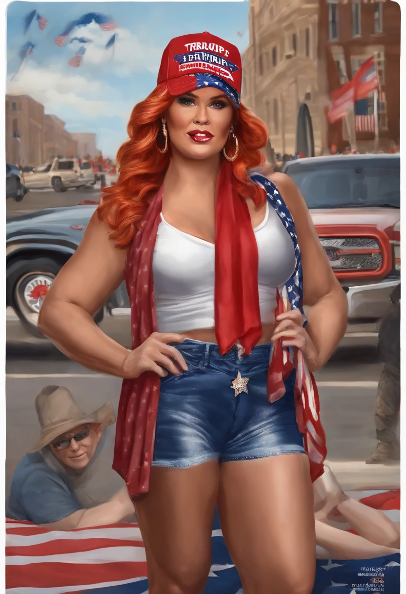An image of the character participating in a pro-Trump rally, holding a 'Trump 2024' sign and wearing a 'Keep America Great' hat.,original,Maggie, a staunch MAGA devotee, stands out with her fiery red hair often styled in a patriotic bandana, and her wardrobe is a bold display of pro-Trump slogans and American flags. Her appearance is further marked by a determined, almost fierce expression, embodying her unshakable conviction in her political stance., female
