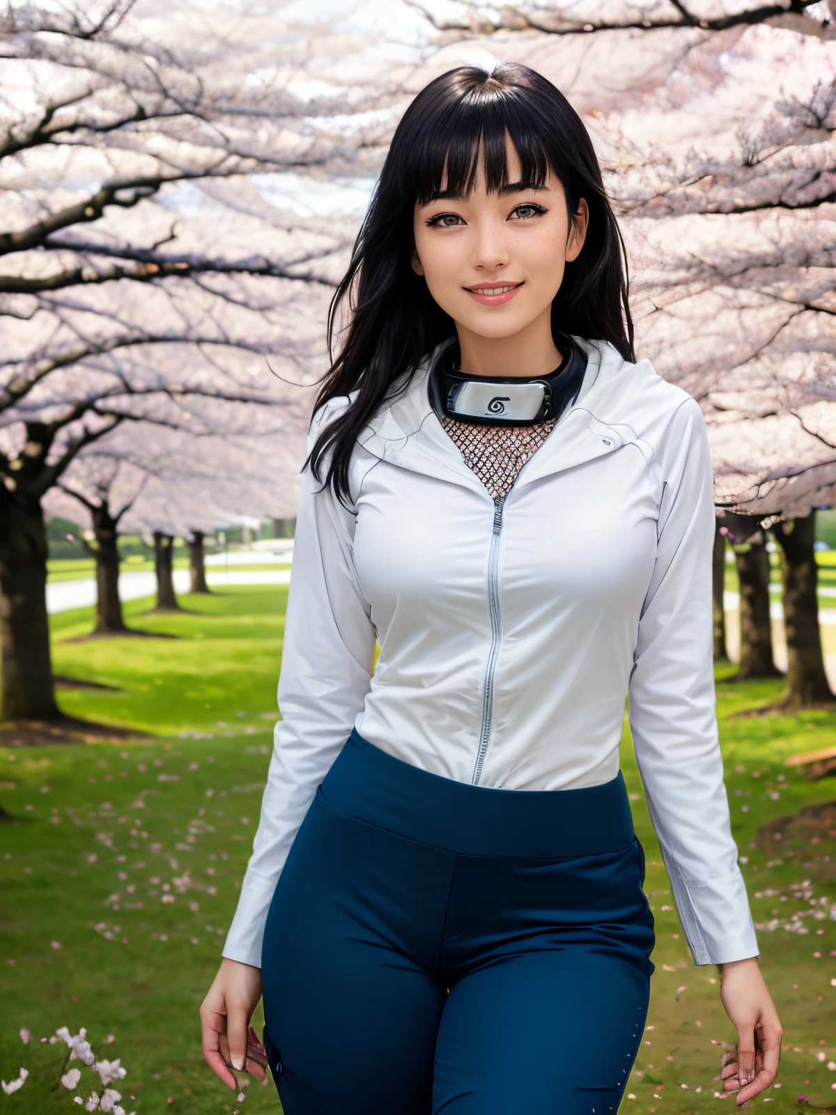 Х1Н4Т4, 1girl, Hyūga Hinata, 独奏, (Realistic:0.5), Masterpiece, 独奏, (Best Quality, Perfect detail, Beautifully detailed face, 詳細な目), Brilliant brilliance, Ray Tracing, Depth of field, HDR, gradient eyes, Sharp eyelashes, ((Lashes)), mascara, Detail_s face, Lashes, Lustrous Hair, Flirting, Seduction Smile, parted lips, Average Breasts,, (Floating soft particles:1.1), ((looking a viewer)), (Playmate pose:1.1), (full - body:1.1), ((8k wallpaper)), ((hight resolution)), hairlong, black hair, white eyes, (pants:1.2), Hand on hip, hood, Bangs, full - body, Standing, blurry, looking a viewer, long sleeves, Smile, (grass field:1.4), (a tree:1.2), (cherry blossom:1.3), (blue skies:1.3), (Sun),
