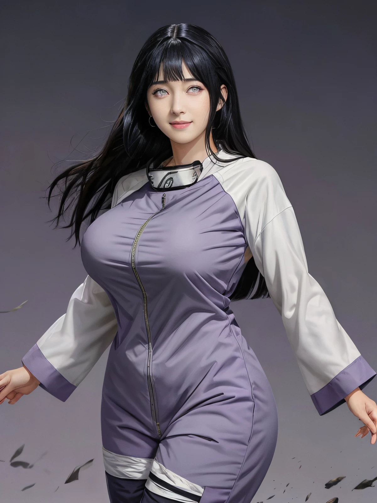 1girl, hyuga hinata in anime naruto, long hair, black hair, white eyes, smile, beautiful, sexy clothes, purple clothes, very big breast, realistic clothes, detail clothes, outdoor background, ultra detail, realistic