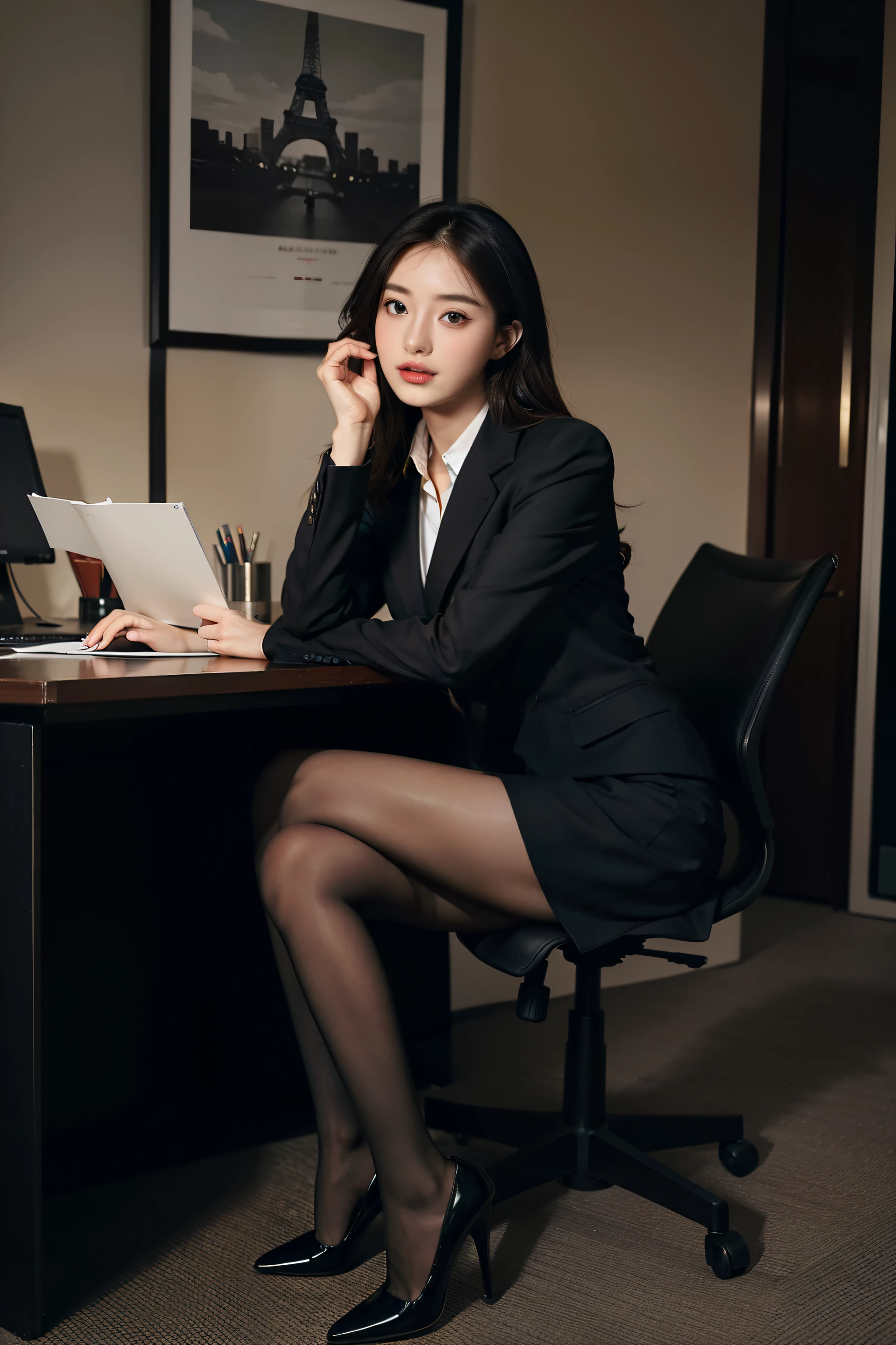 Best quality at best, full-body portraits, s delicate face, pretty  face, 25-year-old woman, slimfigure, large bust, office lady uniform, Office clothes, blackstockings, high-heels, Sit Pose
