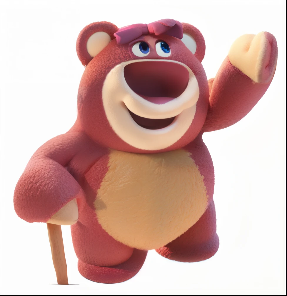 Close up of pink teddy bear holding stick, 3D,blindbox,Clay texture,role model,depicted as a pixar character, pixar character, ideal pixar character, pink iconic character, cute pixar character, as a pixar character, As a claymation character, plush mascot, plush one, Clay animation characters, pixar character design, Animated characters, by Pixar&cite;, toy bear, cinematic character