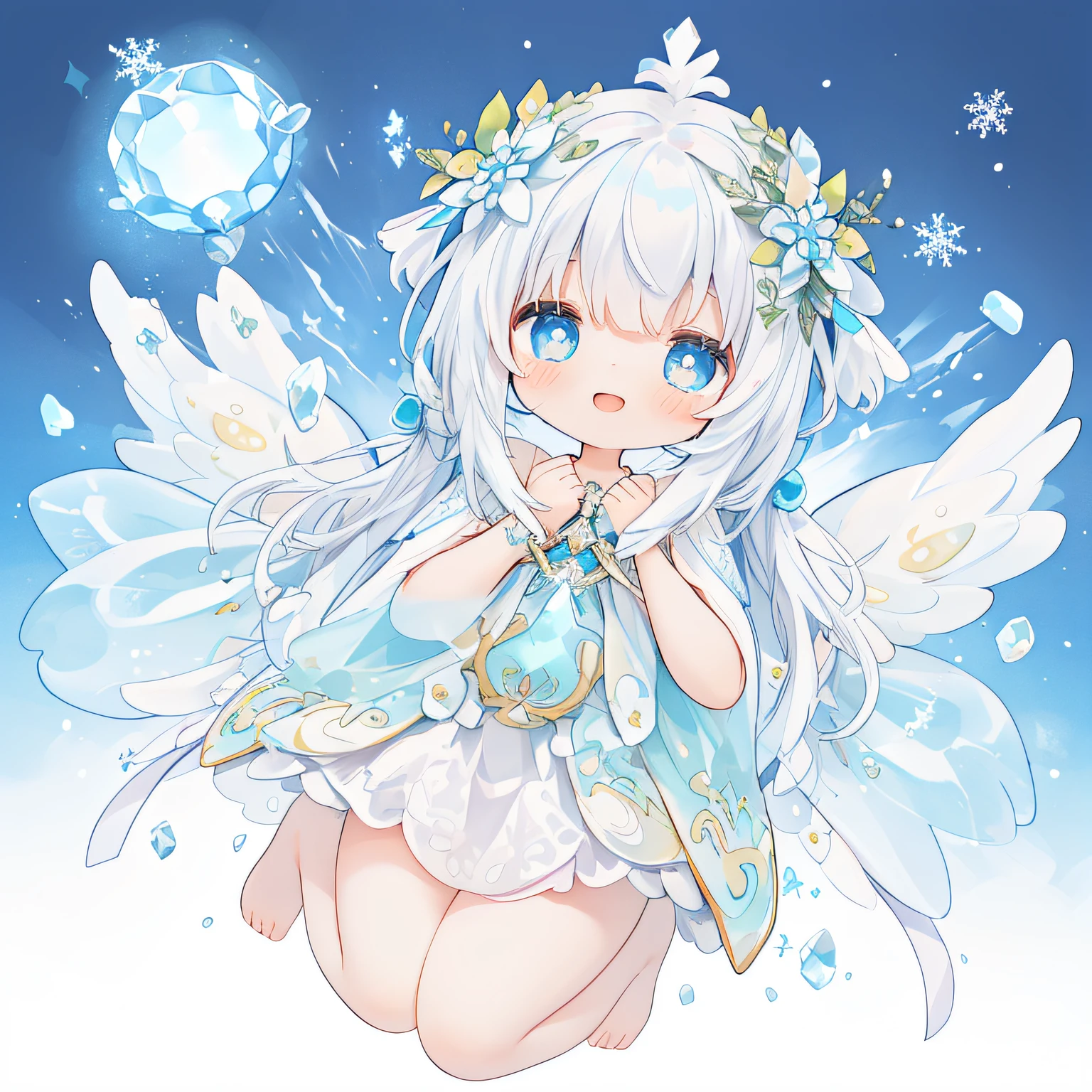 One woman,Ice fairy making a snowman,Young face,White Hair,blue eyes,Winged,Four Feathers,fluffy,Translucent wings,Ice,Short,Wearing a camisole, magical sky,Blue sky,in the forest,it&#39;s snowing,very mysterious