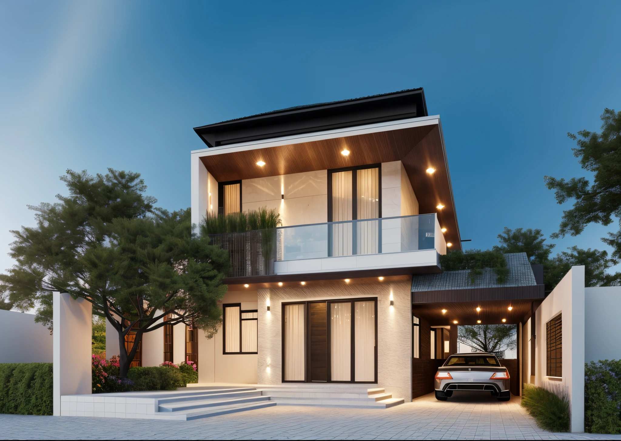 Realistic images, extremely detailed, a modern house, 1 road in font of house, large yard made by ceramic, (1 car), brick fence, lawn, a few small flowers, a road in front of the house, main materials of the house are white walls and red brick, Modern design, clear blue sky, sunrise light, light from inside, dynamic light,shimering light, cinematic light, romantic feeling, (((day light, warm light))), SNOW:1.3, WINTER