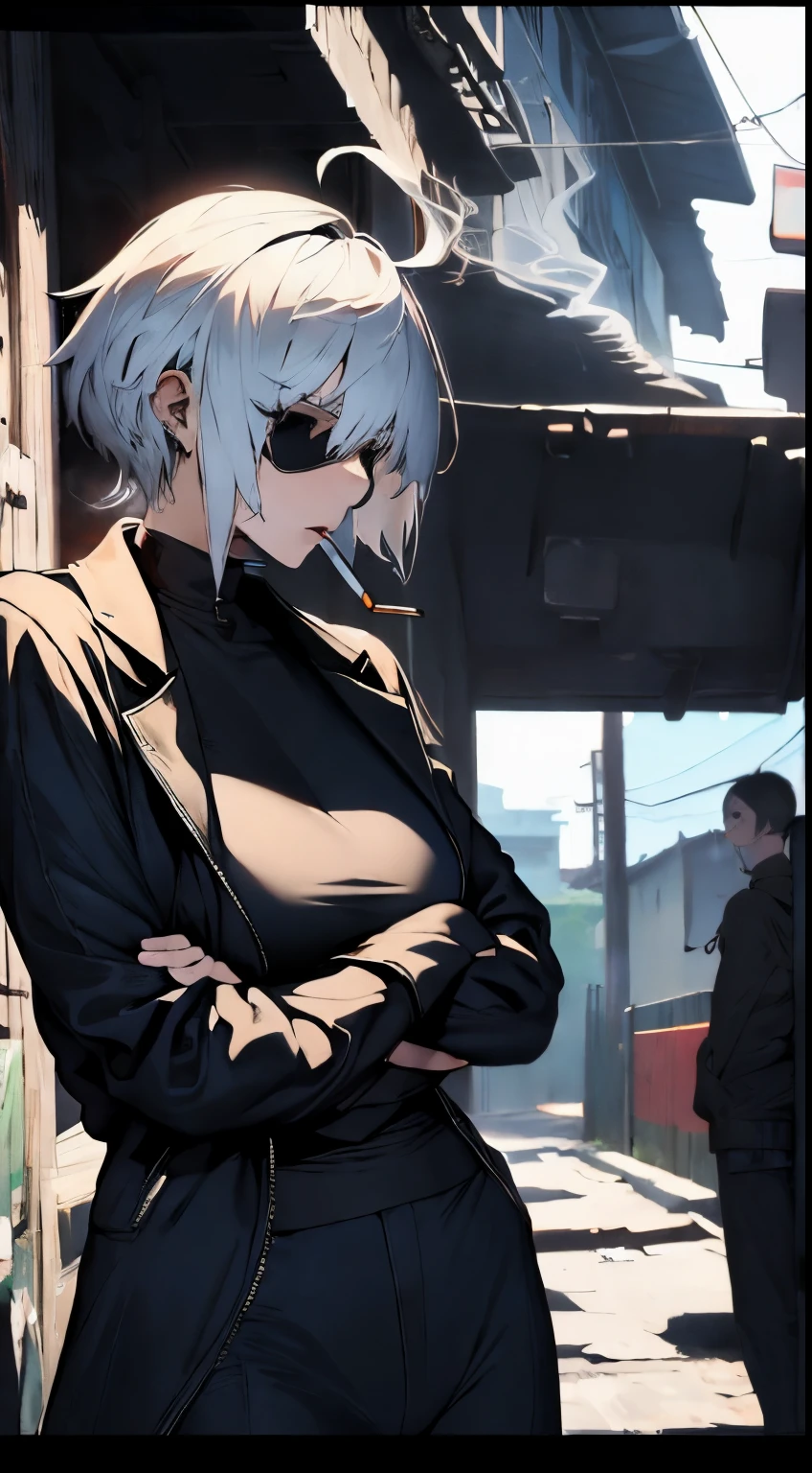 (highres:1.2),ultra-detailed,adult female,short white hair,black eyes,ahoge,black suit,crossed arms,eyepatch,smoking,illustration,vibrant colors,dramatic lighting, front view,