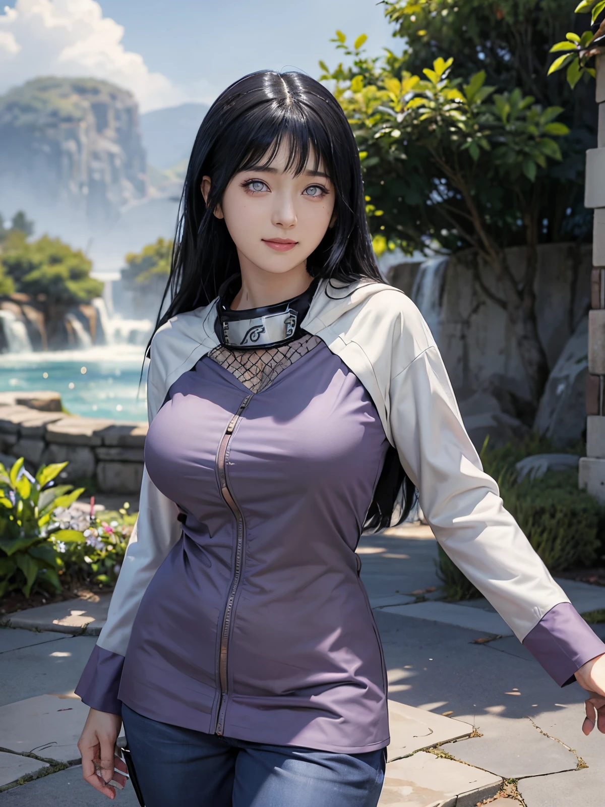 1girl, hyuga hinata in anime naruto, long hair, black hair, white eyes, smile, beautiful, purple clothes, very big breast, realistic clothes, detail clothes, outdoor background, ultra detail, realistic