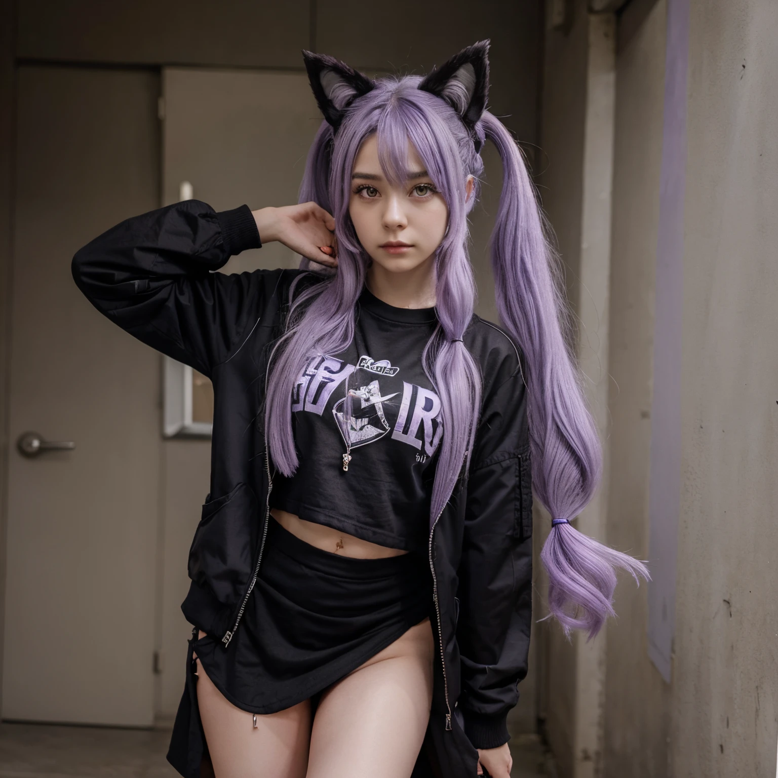 1girl, wolf girl, wolf ears, light purple hair, long hair, twintail, black jacket, purple T-shirt, black skirt