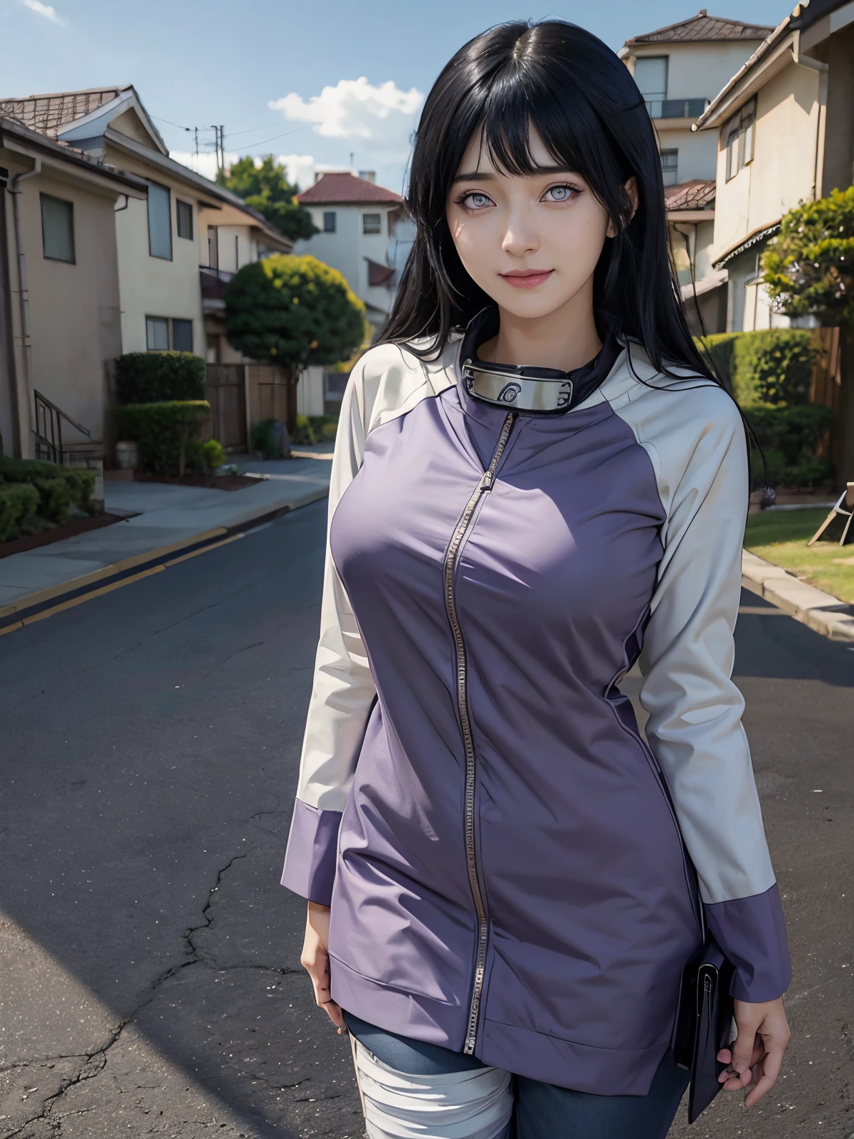 1girl, hyuga hinata in anime naruto, long hair, black hair, white eyes, smile, beautiful, purple clothes, very big breast, realistic clothes, detail clothes, outdoor background, ultra detail, realistic