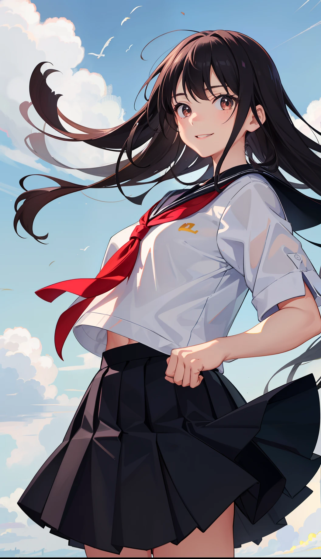 1girl in、AS-Adult、A smile、Light in the eyes、japanese hight school uniform、serafuku、by the wind、skirt by the、gust of wind、(small tits)Chilarism、movement、Upper body portrait、