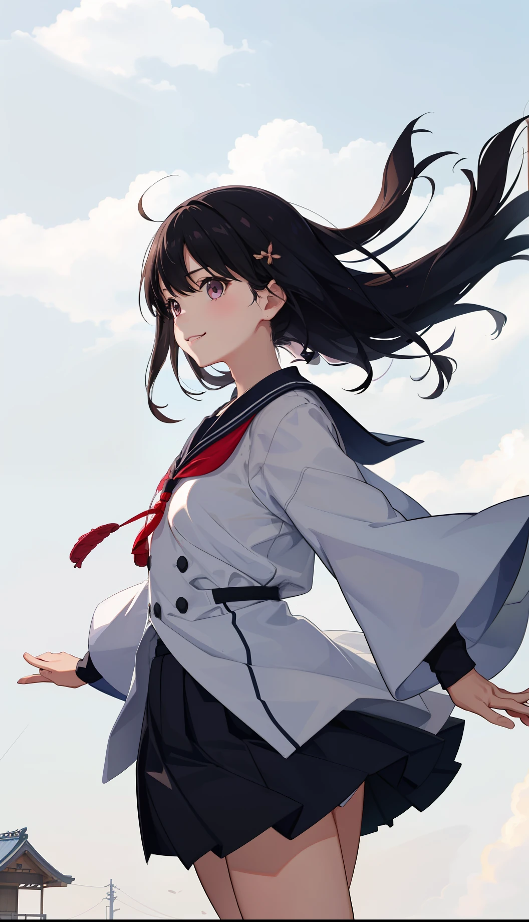 1girl in、AS-Adult、A smile、Light in the eyes、japanese hight school uniform、serafuku、by the wind、skirt by the、gust of wind、（small tits）Chilarism、movement、Upper body portrait、