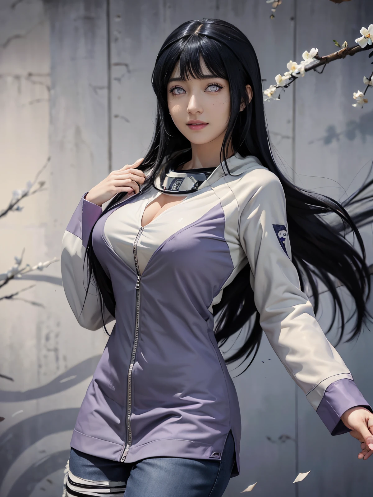 1girl, hyuga hinata in anime naruto, long hair, black hair, ((white eyes:1.4)), smile, beautiful, purple clothes, very big breast, realistic clothes, detail clothes, outdoor background, ultra detail, realistic