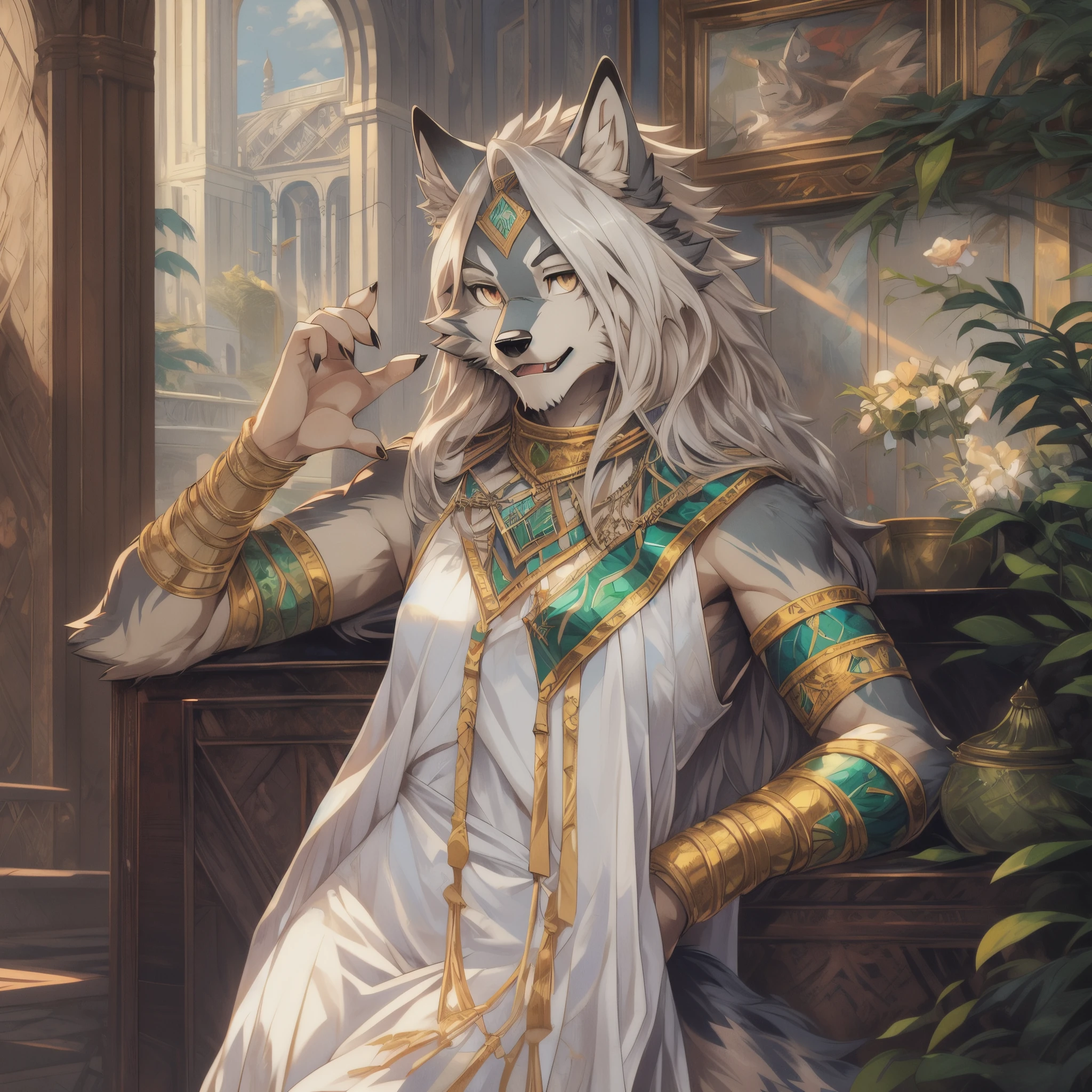 arafed woman in a white dress with green and gold accents,anthro wolf, furry,white wolf, scar,handsome, masterpiece, 8k, nj5furry,masterpiece, best quality, perfect anatomy, bright eyes, detailed background