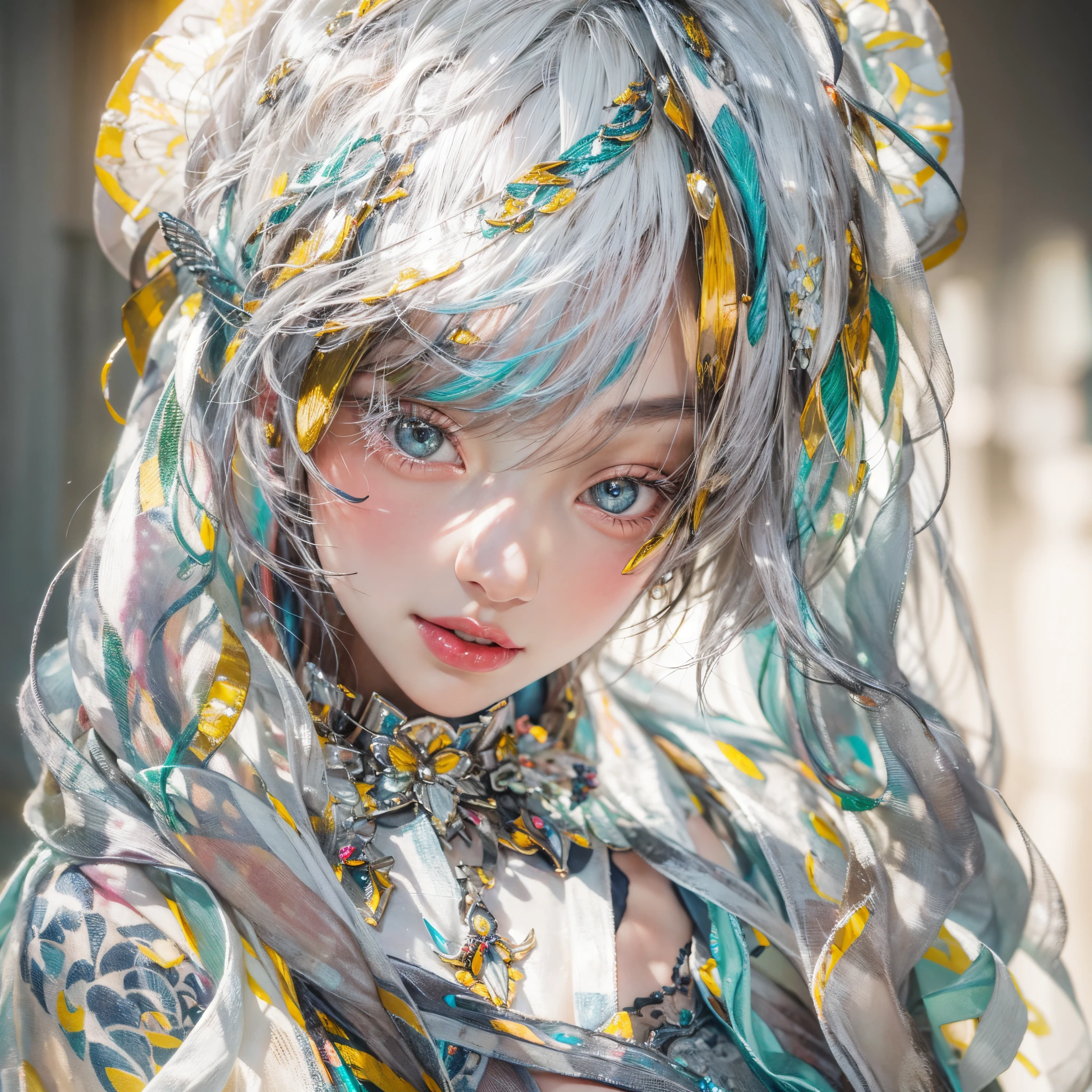 ( Masterpiece:1.25, exposed:1.2, White and vivid colors, navel),  (sexy junior idol), ((face variations)), portrayed in the best quality and high resolution. The image should be ultra-detailed, realistic, and photorealistic with a touch of rawness. back lighting, colorful Light shines through delicate stained glass. The medium can be a combination of photography and concept art. The color tone should be vibrant and vivid, enhancing the overall visual impact. (Whole Body proportions and all limbs are anatomically accurate), (nipple:-0.9) .