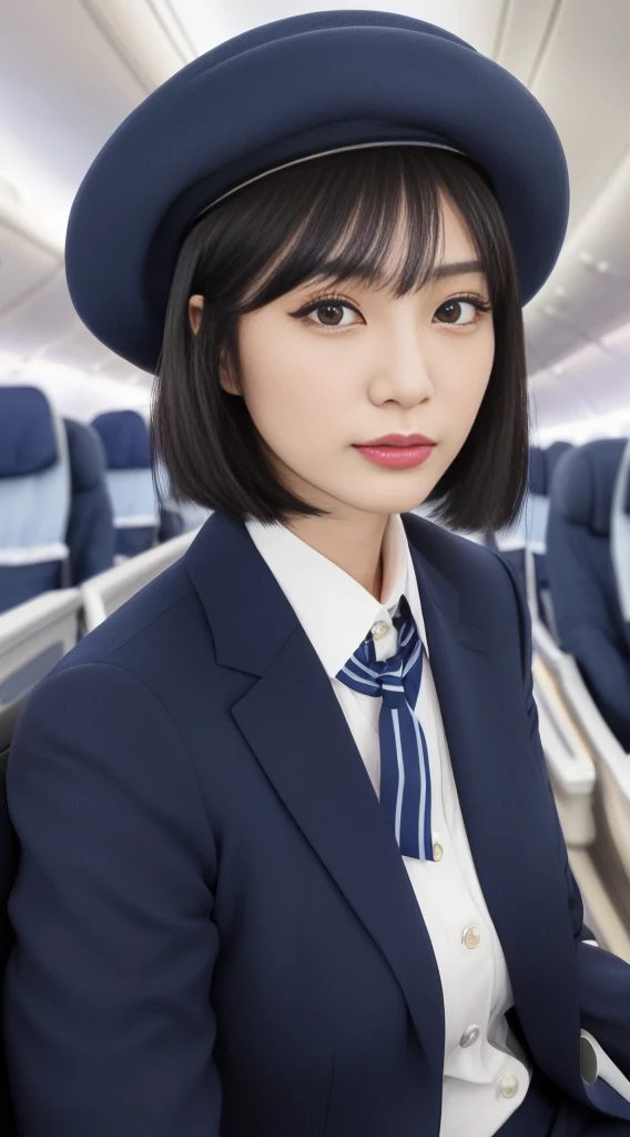 1Japanese woman, Solo, 30-years old, hyperdetailed face, Detailed lips, A detailed eye, 二重まぶた, (Black bob hair, Like an airplane stewardess, Do a good job), (Like an airplane stewardess:1.2), (Do a good job:1.2), (Stewardess dark blue uniform:1.3), (wear a stewardess hat:1.2), (Modest:1.2), Perfect image realism, Background with: (Business Class aisle on airplanes:1.2), Meticulous background, detailed costume, Perfect litthing, Hyper-Realism, (Photorealsitic:1.4), 8K maximum resolution, (masterpiece), Highly detailed, Professional