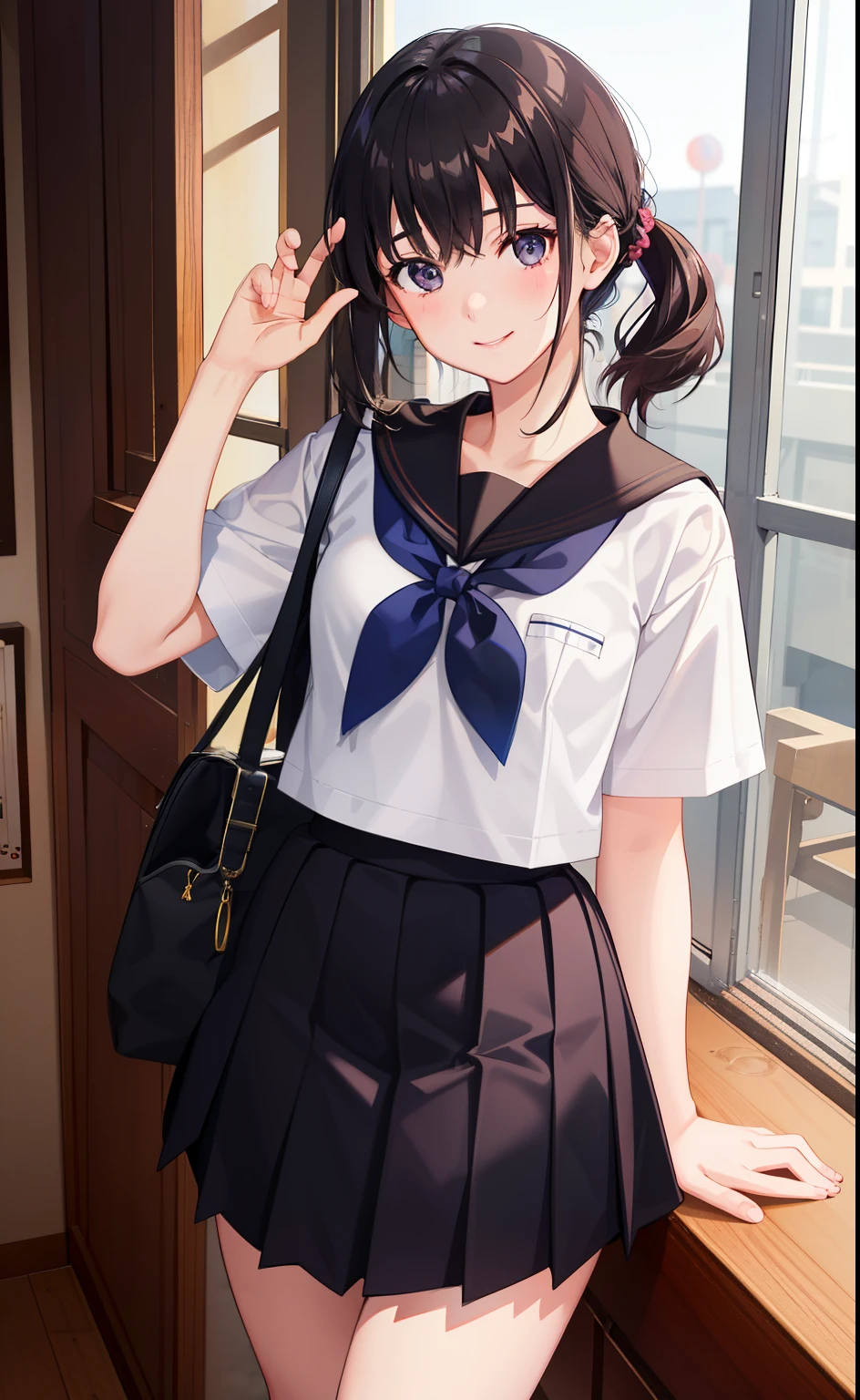 1girl in、A smile、The shirt、skirt by the、Light in the eyes、(highlight in eyes)Wink、(small tits)Chilarism、Japan High School Student Uniform、serafuku、summer clothing、(Portrait from the knee up)、