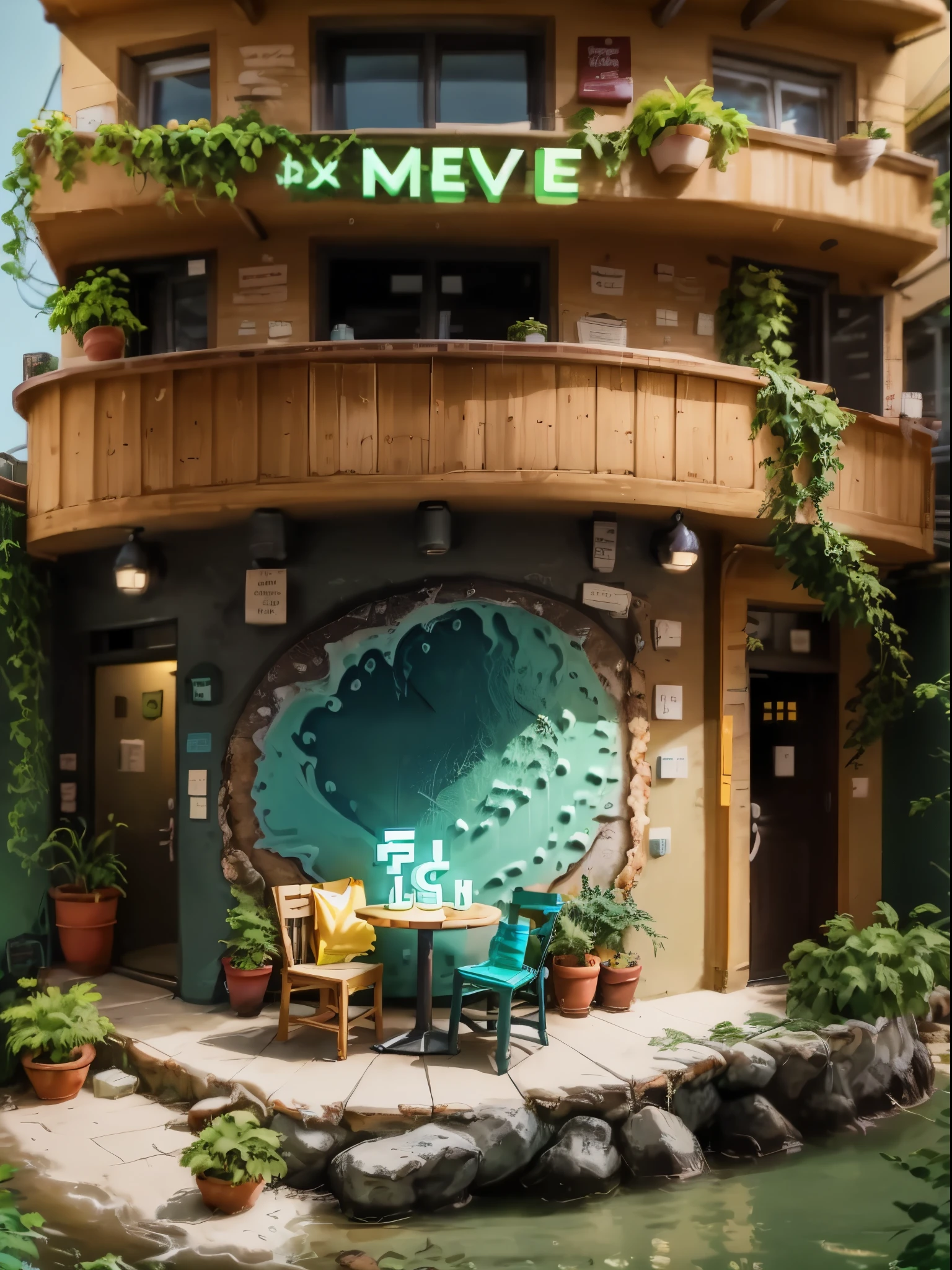 Podcast avec une table, joins chaise de chaque coté, un micro sur la table devant chaque chaise, a green wall with a blue neon sign “Next Wave”