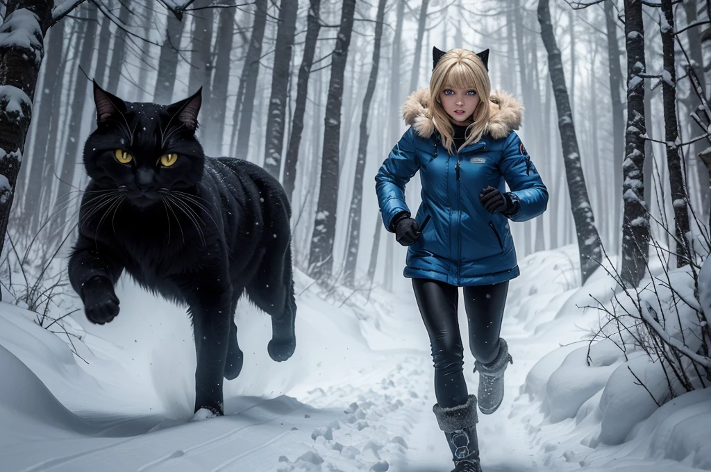 Classic horror painting. Blonde woman with angular face and piercing blue eyes, wearing a hooded parka, running toward the viewer through a snow storm in a birch forest. BREAK. One monstrous shaggy black cat with burning eyes pursues her.