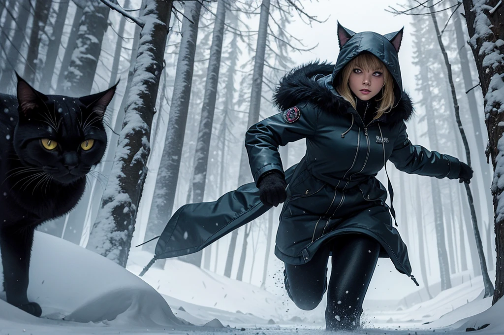 Classic horror painting. Blonde woman with angular face and piercing blue eyes, wearing a hooded parka, running toward the viewer through a snow storm in a birch forest. BREAK. One monstrous shaggy black cat with burning eyes pursues her.