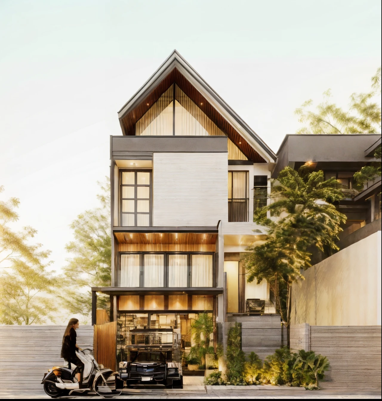 RAW photo, outdoor, (residential architecture exterior:1.3), 1 house architecture, (elegant), Singapore tropical modern house style, white wall and glass and rock and black steel and wood, (Luxury home with exquisite finishing:1.3), (wood),Beautiful tropical garden, warm yellow light in the interior, dark night sky, (high detailed:1.2), (Evening environment with warm dominant interior lighting), 8k uhd, ds, soft lighting, high quality, film grain, Fujifilm XT3