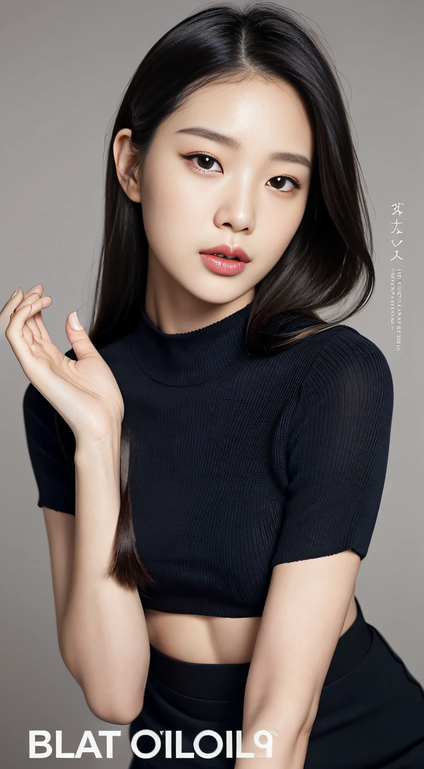 Fashion trendy beautiful and charming woman、Gentle and attractive Korean beautiful woman、Delicate and sexy collarbone、charming oval face、Tying hair、No bangs、二重まぶた、shinny skin、Smart peach blossom eyes、beautiful long black upper eyelashes、beautiful long black lower eyelashes、Pink shiny lips、a small nose、bare shoulders、Black Long Hair、sexy facial expression、Focus on the face、facial close-up、only face、The upper part of the body、Cover your mouth with your hands、The ultra -The high-definition、ultra-detailliert、Black Knit、Perfectly reflects the light blue slit skirt,、Fresh and impressive