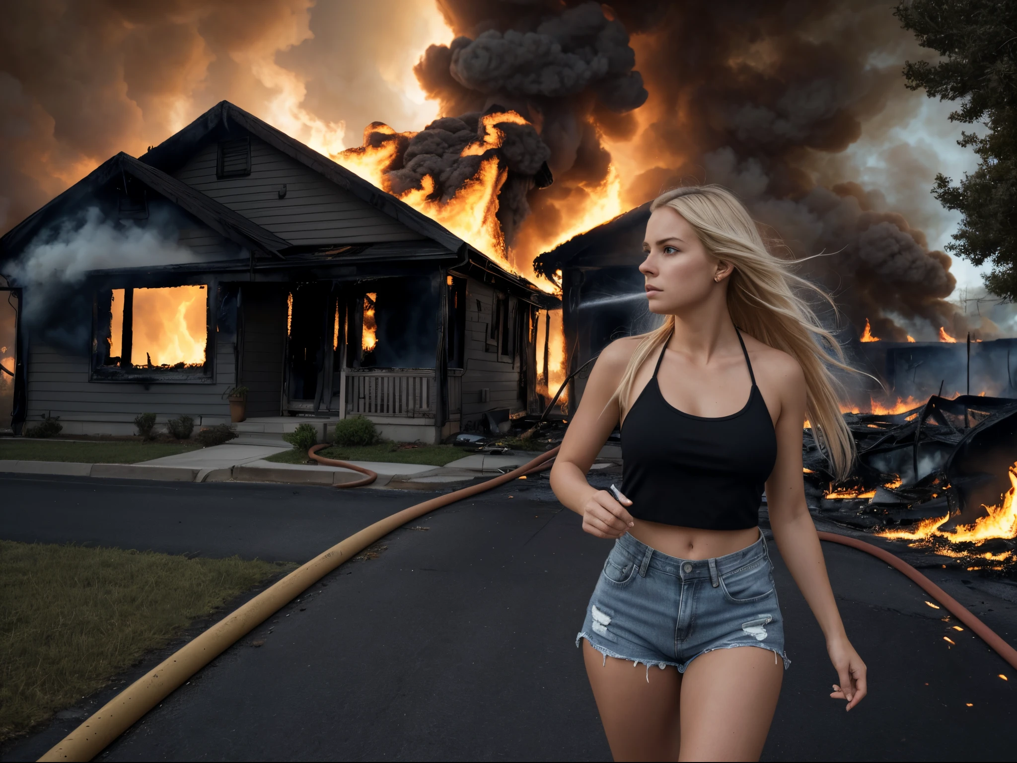 full shot, blonde woman, aged 25, frightened, panic), running down a sidewalk on a suburban street, wearing denim shorts and a halter top, a (((burning home))), (((house on fire))), (smoke), trees, sharp detail, shocked expression, dark stormy sky, sun breaking through the clouds, ethereal lighting, dramatic, composition, epic scale, sense of awe, ultra-high res.photorealistic:.1.4, (high detailed skin:1.2), 8k uhd, dslr, high quality, film grain, Fujifilm XT3