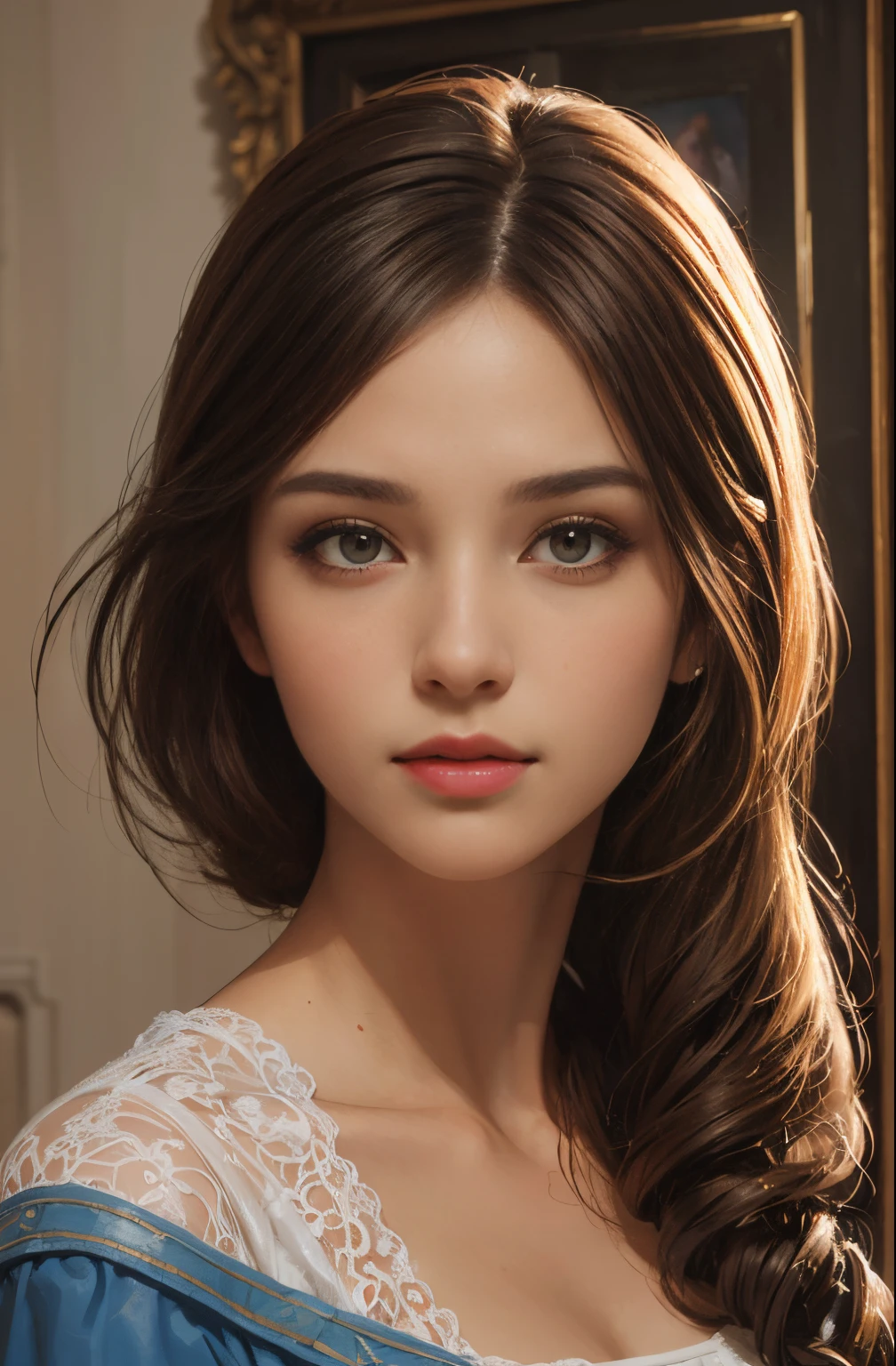 young woman , soio , Olhar Telescope ,(tmasterpiece )(HighestQuali) ,1Girl,Paint oil,Realistic oil painting , bust , clear details , high realism , clothing style of the era ,