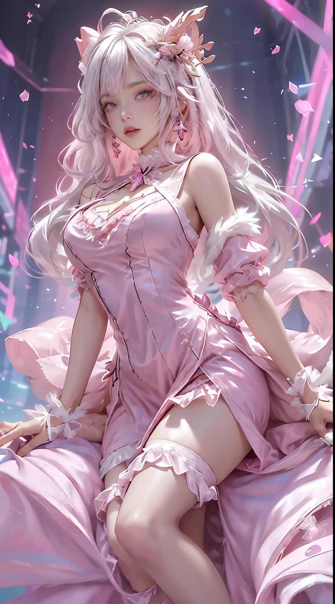 realistically, A high resolution, 1 Women, Alone, butt lift,(ta costume), pretty eyes, White hair, eye socket, collared shir,(Pink dress:1.5), pencil skirts, Fur coat