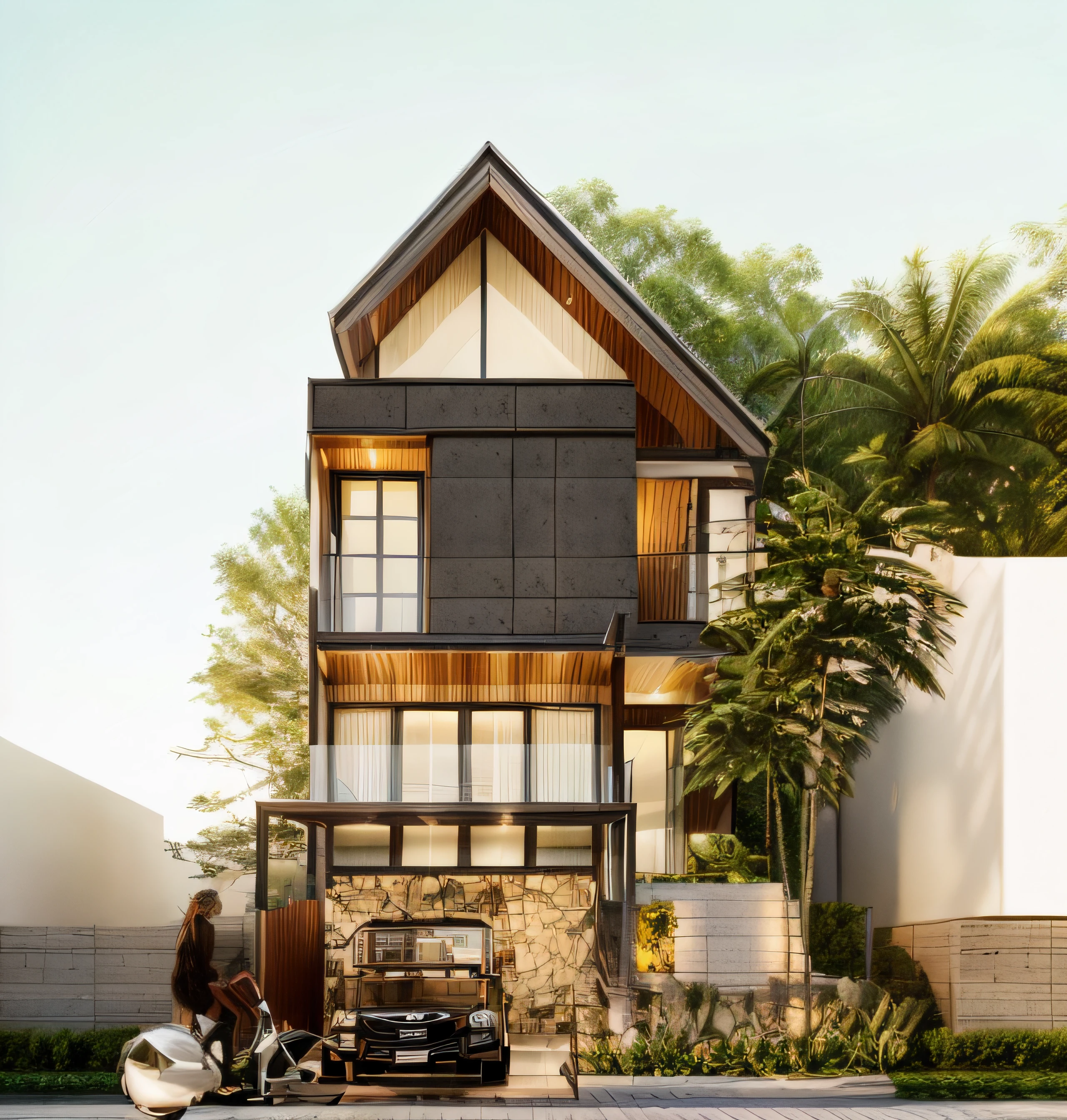 RAW photo, outdoor, (residential architecture exterior:1.3), 1 house architecture, (elegant), Singapore tropical modern house style, white wall and glass and rock and black steel and wood, (Luxury home with exquisite finishing:1.3), (wood),Beautiful tropical garden, warm yellow light in the interior, dark night sky, (high detailed:1.2), (Evening environment with warm dominant interior lighting), 8k uhd, ds, soft lighting, high quality, film grain, Fujifilm XT3