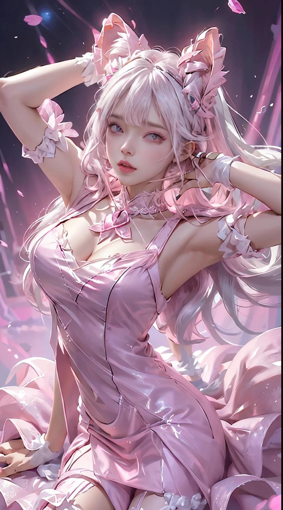 realistically, A high resolution, 1 Women, Alone, butt lift,(ta costume), pretty eyes, White hair, eye socket, collared shir,(Pink dress:1.5), pencil skirts, Fur coat