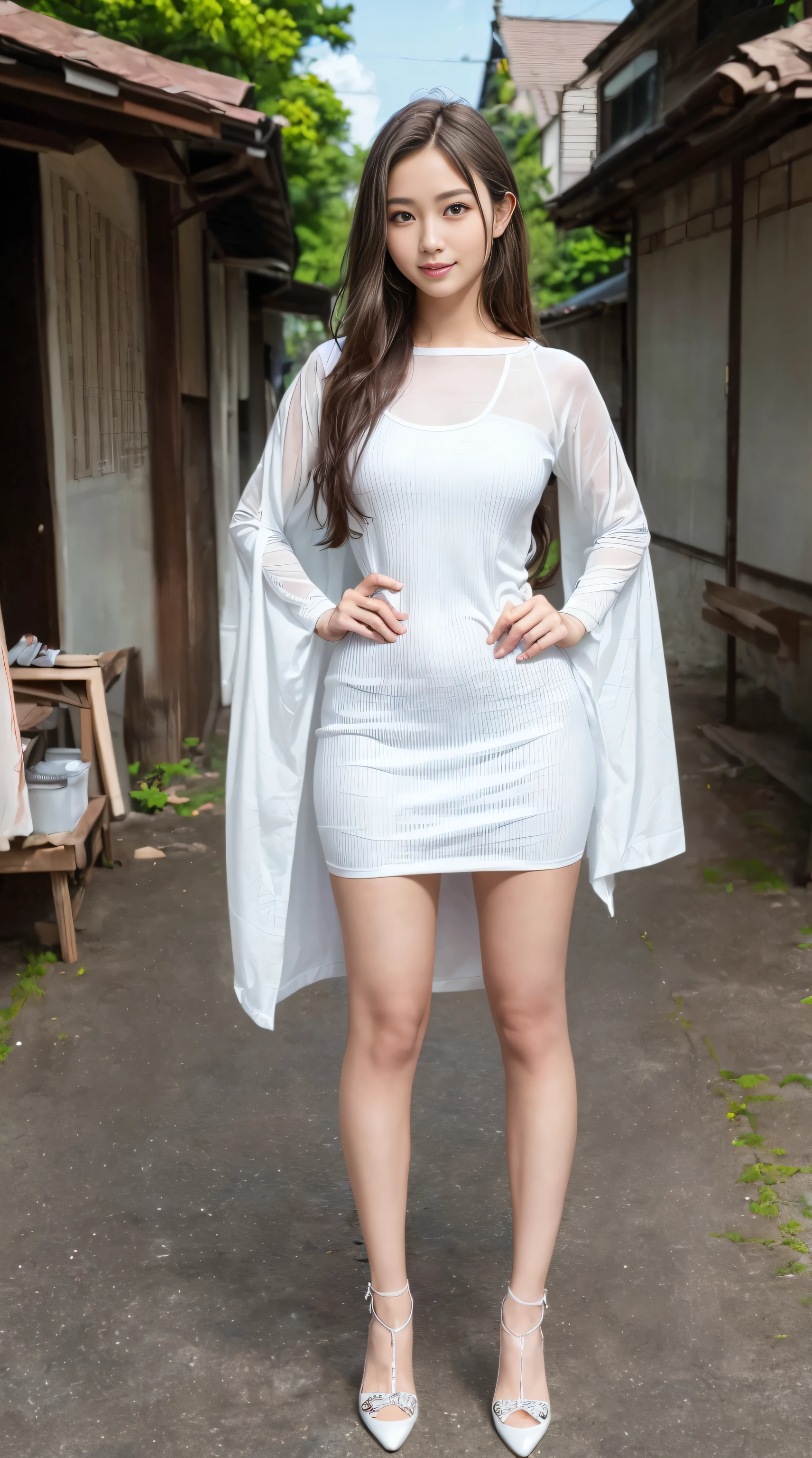 (FULL BODYSHOT:1.4)、(Standing:1.4),(Looking at the camera)、(Solo)、(hyper realisitic), (Illustration), (High resolution), (8K), (Extremely detailed), (Best Illustration), (Beautiful detailed eyes), (Best Quality), (super detailed), (masutepiece), (Wallpaper), (Detailed face),(((one girls)))、(((Looking at Viewer:1.2)))、Beautiful japanese girl、A smile、A hyper-realistic、(Big eyes)、(二重まぶた)、(((Tight dress that shows off your body line))),((top-quality、8K、masterpiece:1.3))、(Hairstyle Casual)、(appearance々colorful outfit:1.2)、(Focus on the whole body:1.4)、(beautiful and long legs:1.2)),(((Beautiful shoes:1.2)))、(超A high resolution:1.2)、((Colossal tits))、(pale skin:1.2),(Bright lighting)