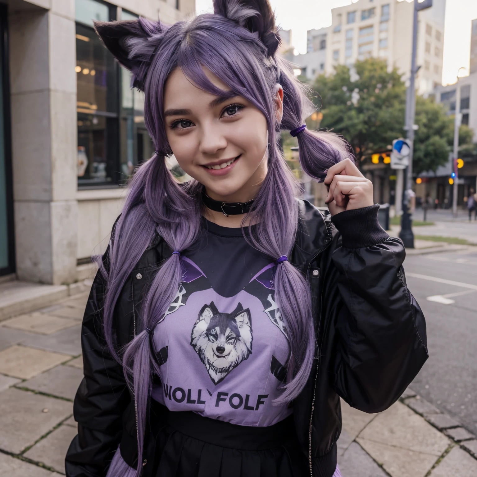 1girl, cute girl, smiling, wolf girl, wolf ears, light purple hair, long hair, twintail, black jacket, purple T-shirt, black skirt