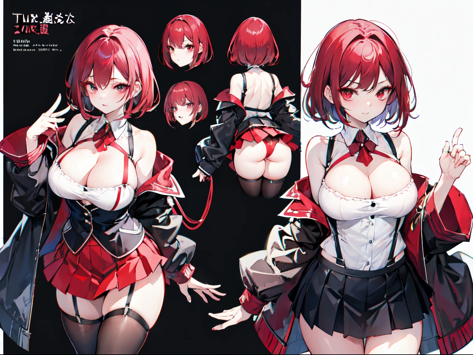 输出
The reveal panties, full bodyesbian, perfect eyes, s the perfect face, dark red eye shadow, Suspenders, one-girl, Superskirt, pleatedskirt, big breasts exposed cleavage, character chart, reference sheet, best quality