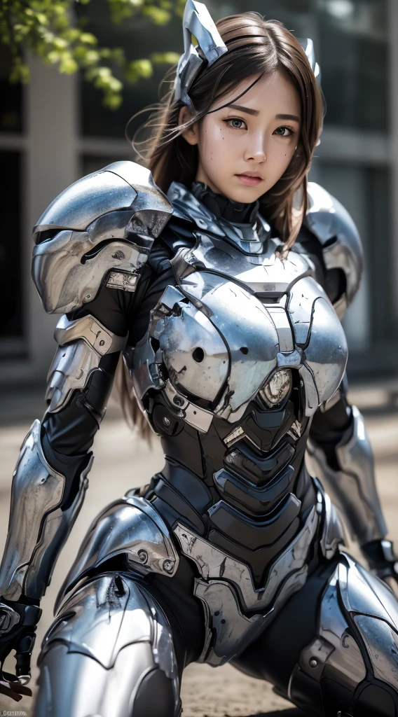 ((middle school girl))Textured skin, Super Detail, high details, High quality, Best Quality, hight resolution, 1080p, , (lying back on)Beautiful,(War Machine),beautiful cyborg woman,Mecha Cyborg Girl,()((heavily damaged armor)),A woman with a feminine mechanical body、Gentle face　A dark-haired,Fulll body Shot)、、Very sweaty face、Complex facial expressions、facing back、Crouching　Clothes are black only