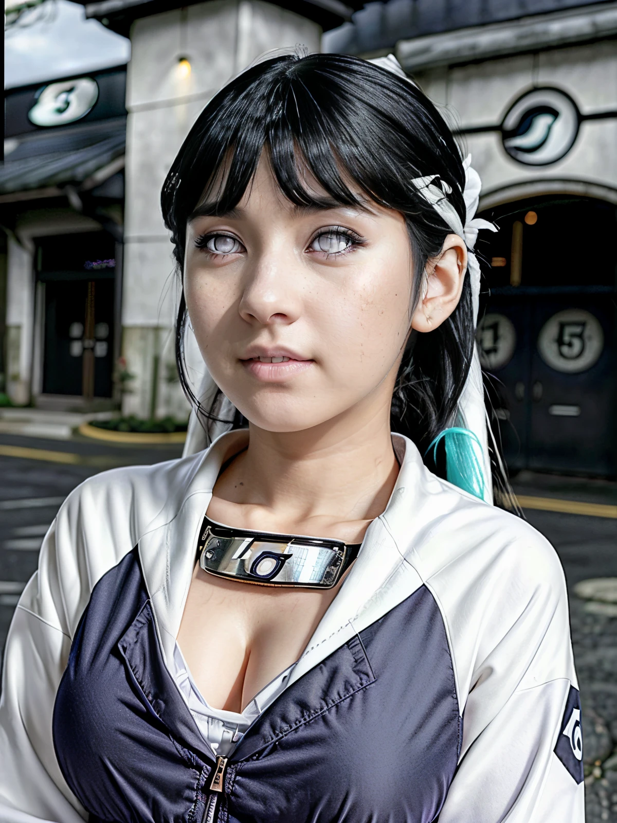 1girl 25 years old, Hyuga Hinata in anime naruto, long hair, black hair, ((white eyes:1.4)), sexy pose, beautiful, very big breasts, realistic clothes, detail clothes, outdoor background, ultra detail, realistic