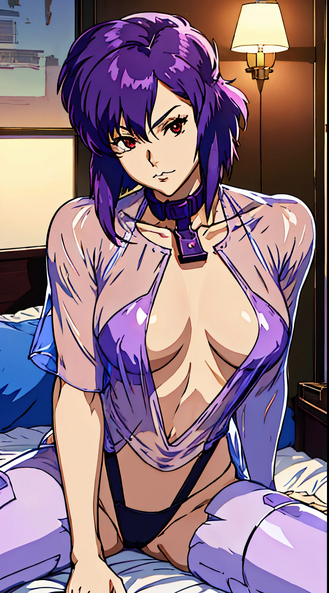 Suko Kusanagi, Purple colored hair, red eyes,Wearing a transparent black bodysuit,anime style beautiful woman, lie on bed, (tmasterpiece, Best quality:1.2), cow boy shooting, Alone, 1 busty girl, Highest resolution,distinct_Image of a)Best quality, maam, tmasterpiece, The is very detailed, Semi-realistic, Transparent oversized T-shirt,exposing her breasts, shirt pulling, The collar is around the neck, Inside the room, Modern bedroom, window, Get up, Morning, The face is red