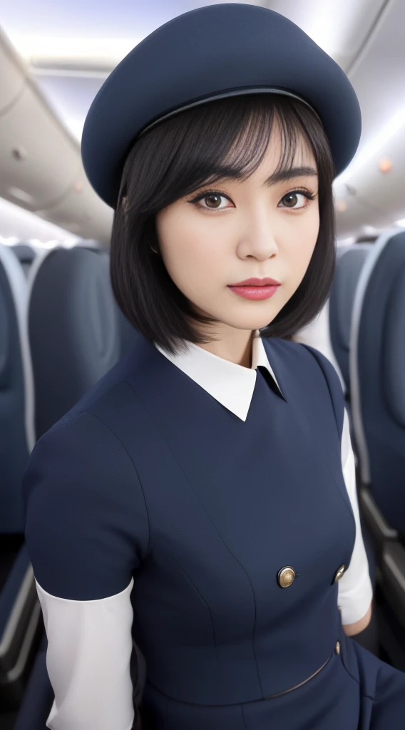 1Japanese woman, Solo, 30-years old, hyperdetailed face, Detailed lips, A detailed eye, 二重まぶた, (Black bob hair, Like an airplane stewardess, Do a good job), (Like an airplane stewardess:1.2), (Do a good job:1.2), (Stewardess dark blue uniform:1.3), (Wear a small brimmed stewardess hat:1.2), (Modest:1.2), Perfect image realism, Background with: (Business Class aisle on airplanes:1.2), Meticulous background, detailed costume, Perfect litthing, Hyper-Realism, (Photorealsitic:1.4), 8K maximum resolution, (masterpiece), Highly detailed, Professional