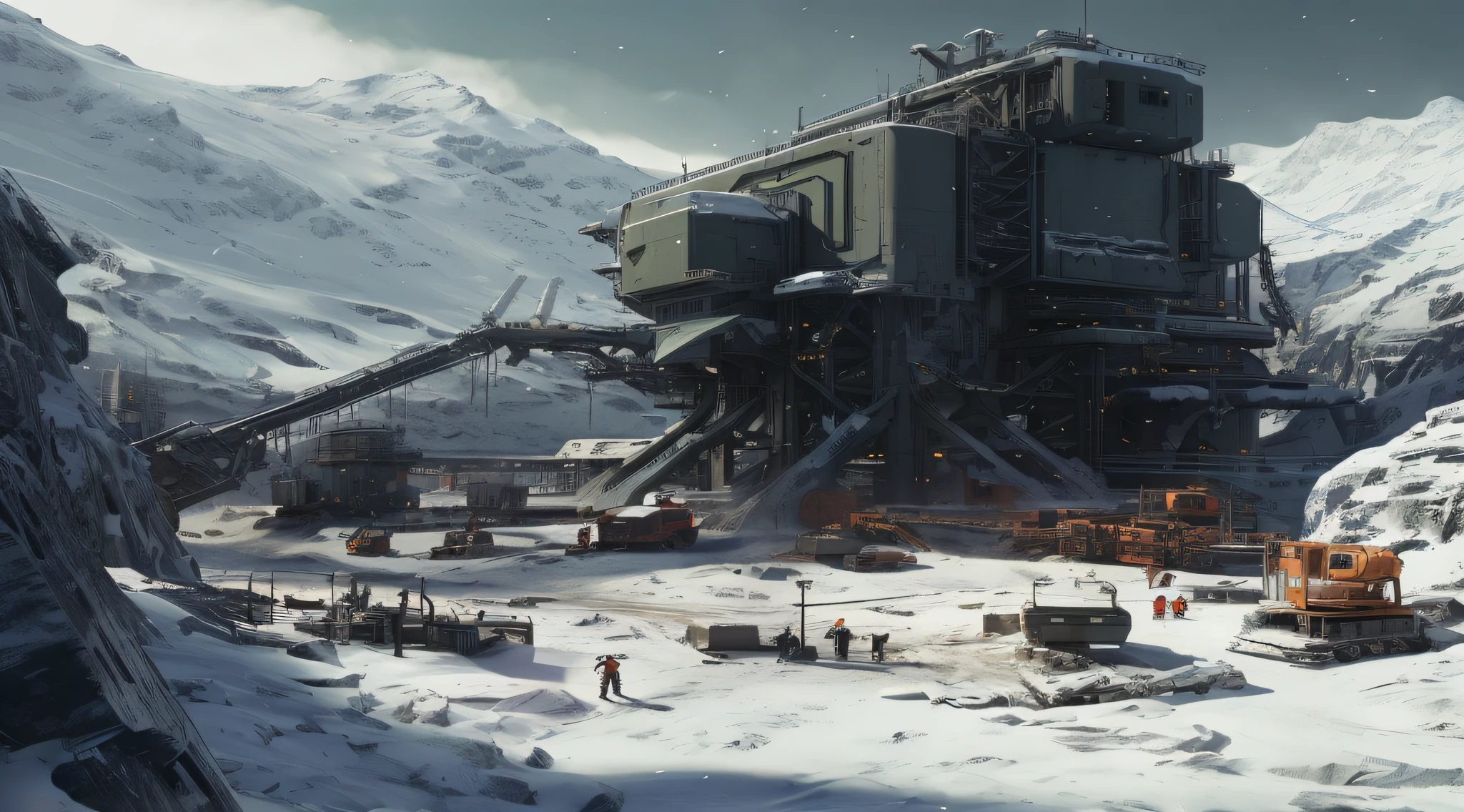 There are huge buildings and several people walking around on the snowy mountains, Mining outposts, 8k high detail concept art, Industrial Future Ice Mine, Detailed 4K concept art, 4k concept art, 4k concept art, futuristic outpost building, 8k hd concept art, 8k concept art, 8k concept art, Concept Art 8K, Star Citizen Concept Art，Mining scenario，heavy industry，large equipment，the visual stunning shock，Blizzarding，is shocked，Wandering Earth，God perspective
