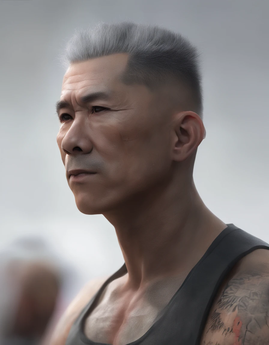 Uncle Shandong, China,male people,he is about 50 years old,Rough and handsome looks,wears futuristic glasse musculature,Oversized muscles,Oversized pectoral muscles,Bare topless,Bare topless,Big waist round,Chest hair,Lay on a beach chair,cyberpunk backgrouns,underwear,Black socks,buzz cut, vred, scowling, Best quality, Masterpiece,(Tattooed with:1.5),(musculous:1.5),(Obese:1.5),(Gray hair:1.5 ),(Gray body hair:1.5),(Skin Wrinkles:1.5),(gloss on the skin:0.5),