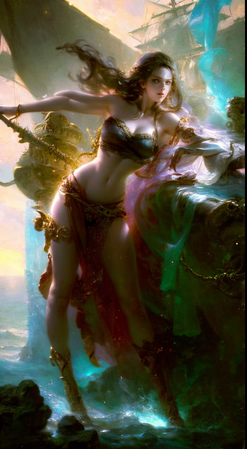 very beautiful pirate girl , photore,gentlesoftlighting, softdetails, Octane renderer, Art station trend, hyper-high detail, Surreal, Cinematic,16k, tmasterpiece, top-quality, high high quality, A high resolution、body portrait、Stormy sea and pirate ship background、(((full-body view)))