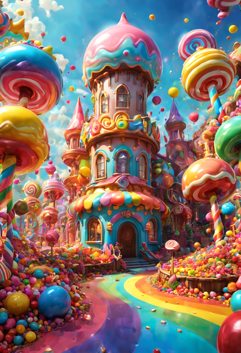 (candy theme park), fantasy art,shiny,dreamy,candyland,rainbow,cookie,chocolate bar,gradients,dripping,glaze,beads, hyperrealistic,bloom, sunshine bright light,full background,candy's fairy tale, (colorful explosion psychedelic paint colors), bichu, (best composition), ultra-wide-angle, octane render, enhance, intricate, (best quality, masterpiece, Representative work, official art, Professional, unity 8k wallpaper:1.3)