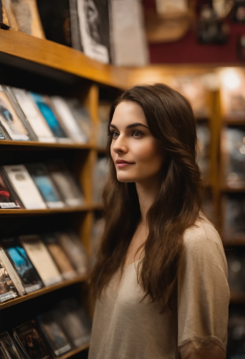 A photo of her browsing through the latest indie rock vinyl records at a local music shop,original,She is a petite brunette with brown eyes. She is very beautiful and realistic looking. She is pale and wears tshirts, female