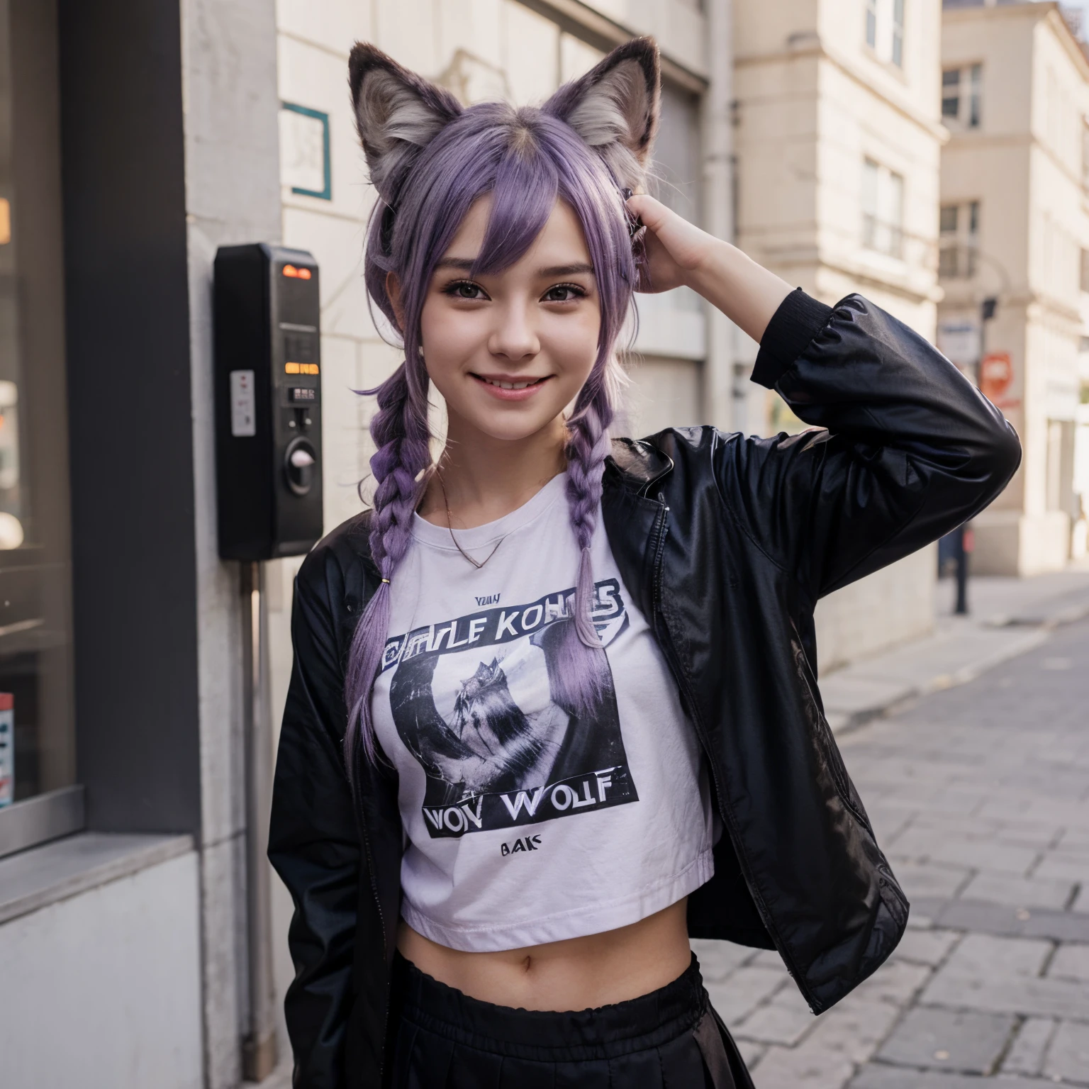 1girl, cute girl, smiling, wolf girl, wolf ears, light purple hair, long hair, twintail, black jacket, purple T-shirt, black skirt