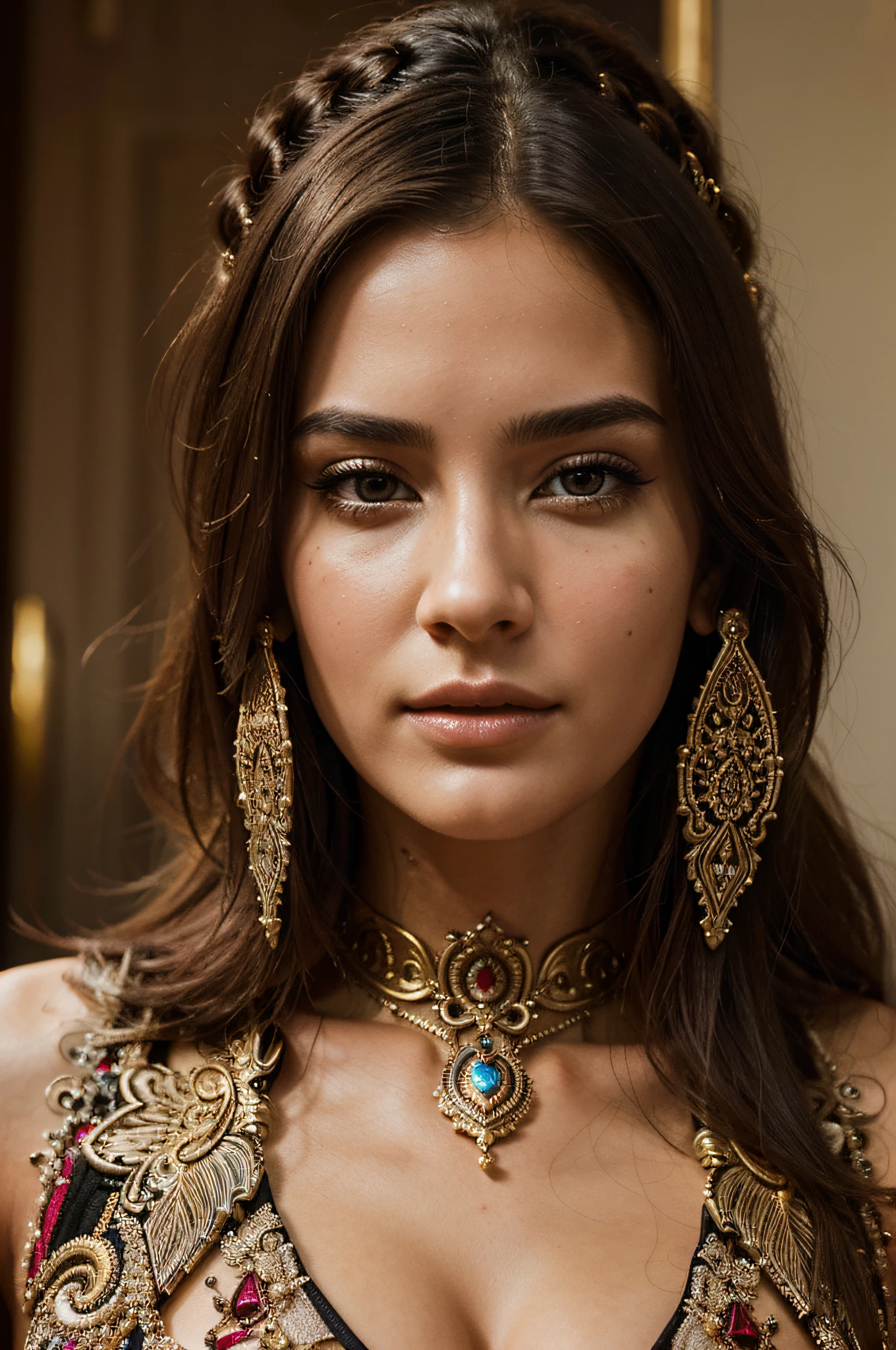 young woman's face, insanely detailed and intricate, character, hypermaximalist, elegant, ornate, beautiful, exotic, revealing, appealing, attractive, amative, hyper realistic, super detailed,