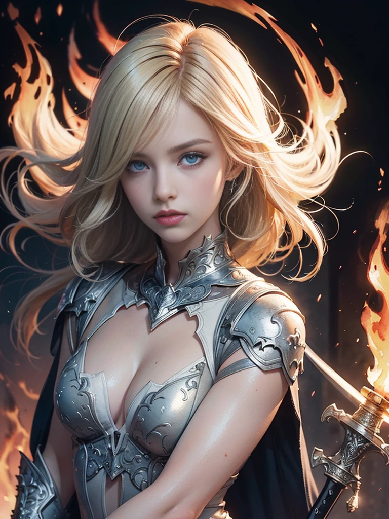 Unbeatable masterpiece, Ultra photo realsisim, Perfect artwork, Intricate details, Best quality, Strong light,High contrast,(Masterpiece) , (Best quality) , (ultradetailed) , illustration , Dynamic Angle .igirl , game character portrait , Colorful ,Beautiful detailed eyes , Portrait , Colorful ,Translucent hair , (glowing inner hair) , the perfect appearance , (Chiaroscuro lighting:1.2) , (Holding a sword:1.25) , (White armor:1.2)(Something) , blond hairbl , [Blue eyes, Green eyes] , Expressionless , Bare legs , (Watercolor painting:1.4) , (Fire:1.35) , Look at the audience from below , god light