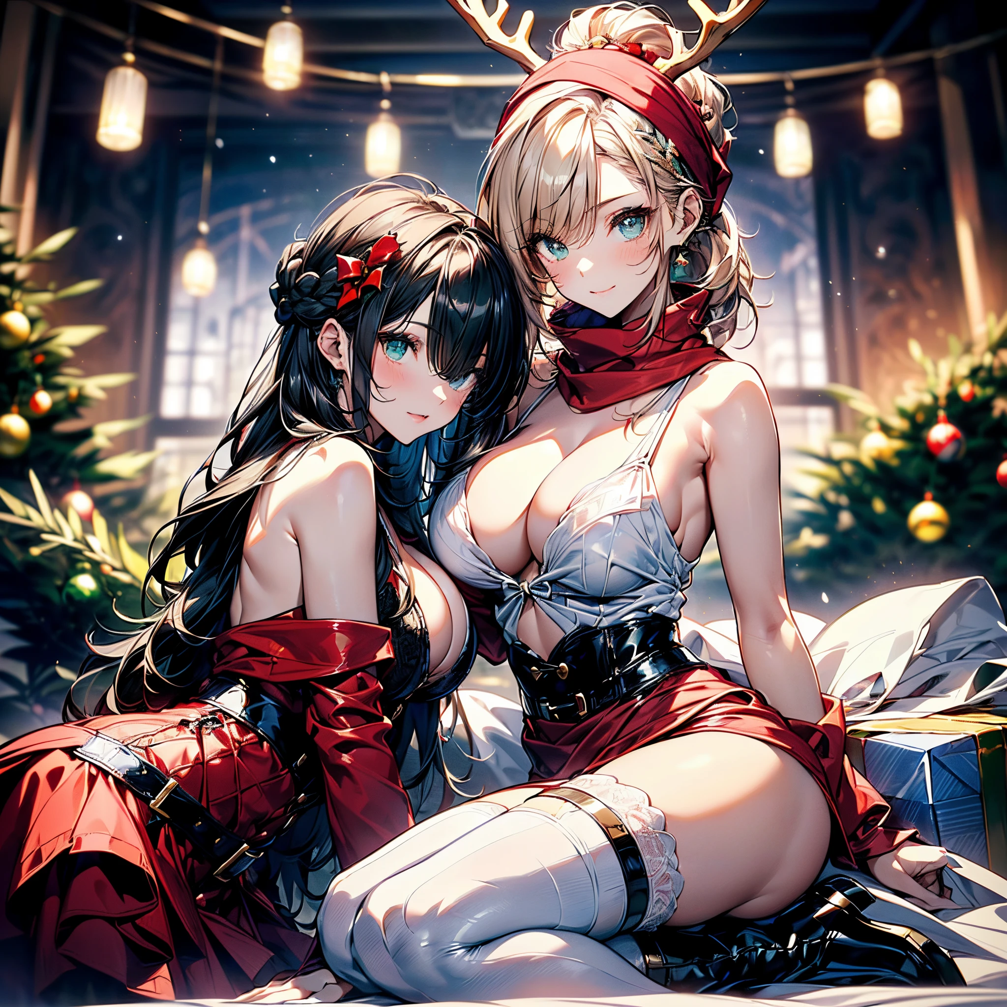 ((3 girls group photo:1.37, threesome playing, make play with hugging)), (Scine of Xmas events in Home party:1.3), Nordic, ((matured girl wearing Sexy Santa clause costume with far:1.3, red dress with green tie:1.2, reindeer horns head band, holding a present box in both hands to give viewers:1.2, close to viewers:1.2, harass sexually:1.25)), a matured woman with long black hair and a red outfit, red winter coat with bore, scarfs, green ribbon tie, knee length long boots, red and green winter outfits, holding present box with wrapping by ribbon:1.5, Christmas tree decorated with many ornaments:1.2, taking a Christmas wreath, white bags on a sled, wearing red pencil skirt, full bodyesbian, fine details, beautiful anime illustration, 26 years old, (milf:1.3), (trio:1.5), (sfw:1.25), (sagging breast, fuge breasts, big tits, thin waist, big ass:1.2), Raised sexy, (dark mahogany medium short hair, updo, hair over one eye, asymmetric hair, Carly hair, low tied braids), (musulman, white Headscarfs, hair bands, head vandage, Turban), (ultra high resolution, 8K RAW photo, photo realistics, thin outline:1.3, clear focus), best qualtiy, cinematic lighting, textile shading, blurry back ground, field of depth, bokeh, (Bright fine pupils:1.2, high detailed beautiful eyes with highlight:1.3, super detailed eyes, high detailed face), Red lip, fine realistic skins:1.1, looking at viewers:1.3, (dynamic angle:1.3, full body:0.6, front view:0.6, breast focus:1.3, from below:1.2), (dynamic posing:1.5, multi posing, sexy posing:1.2, kneeling:1.2, leaning forward:1.4), (seductive, sexy smile:1.4), centered image, (wearing red long coat with bore and clothes, ((bare breast:1.37)), gold ornaments, rolling red clothes around waist, dark red long leather boots:1.3, translucent white lace pantyhose), (((correct anatomy:1.5, perfect hands:1.5, ideal ratio body proportions:1.37))), (in a night:1.3)
