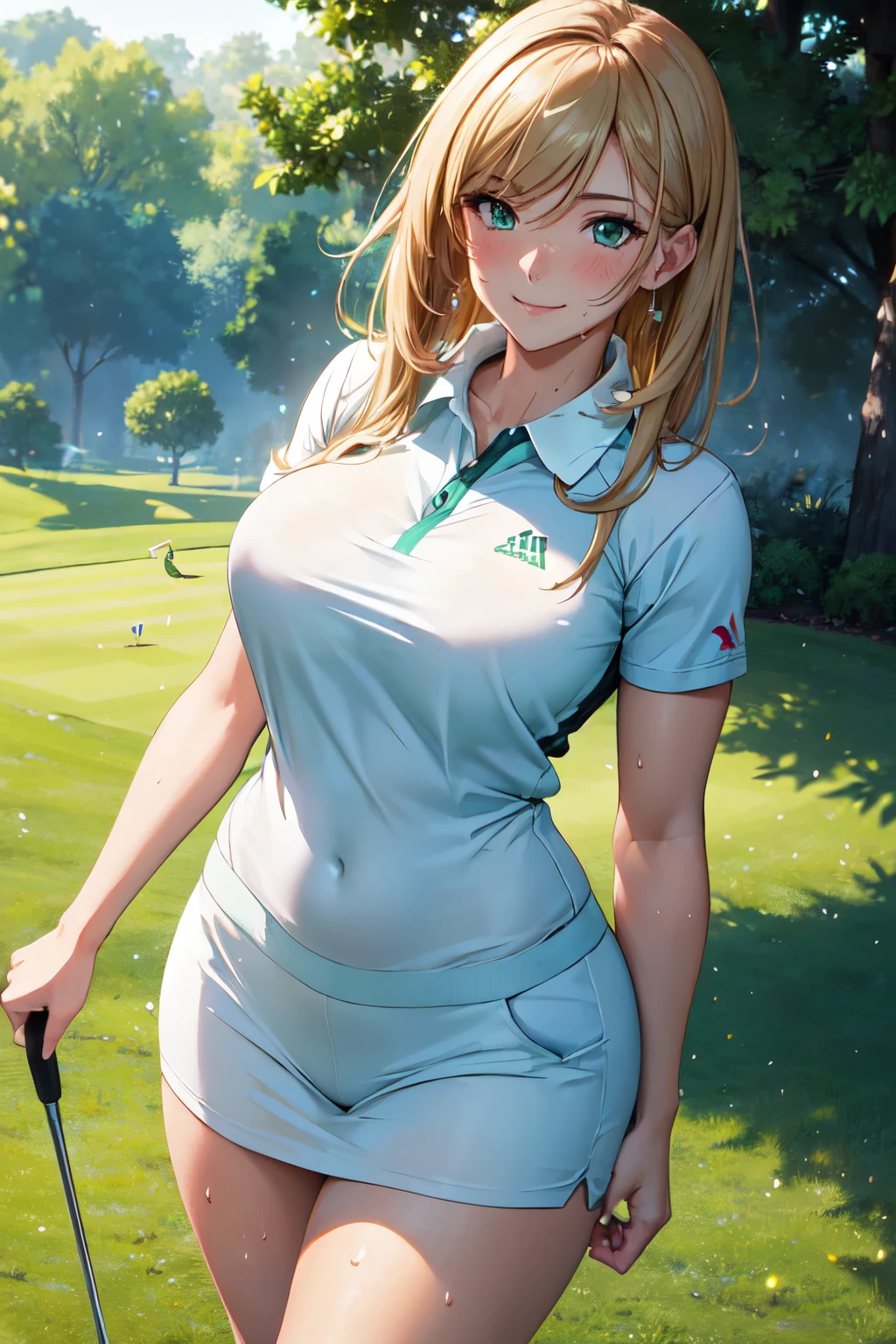 (High quality, High resolution, Fine details), Realistic, woman, golf player, garden, green grass,sporty, athletic physique, confident expression, professional golfer, elegant pose, fashionable outfit, sunlight, leaves rustling in the wind, leisurely atmosphere, scenic beauty, summer morning, solo, curvy women, sparkling eyes, (Detailed eyes), (smile), blush, (Sweat), (Oily skin), shallow depth of field