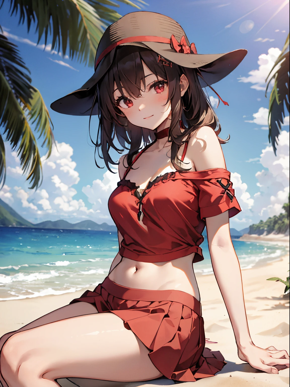 ((Masterpiece)), ((Best quality)), (perfect face), Young, nubile girl, obedient expression, wearing off shoulder 1 piece swimsuit, wearing open back 1 piece swimsuit, wearing ruffle 1 piece swimsuit,  wearing red and white swimsuit, wearing collar and leash, leashed to a pole, kneeling at a man's feet, on a beach