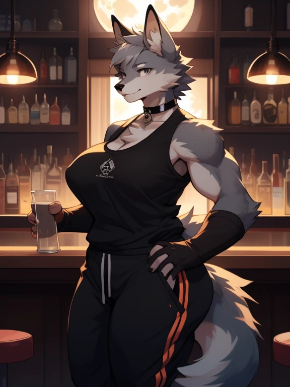 by bebebebebe, by spuydjeks, by spikedmauler, by moonrick, by asaneman, uploaded to e621, seductor, very detailed and beautiful, (female, anthro, anthro animal:1.1), 1girl, bar, night time, anthro wolf girl, canine, canid, sexy grey eyes, cute face, adorable face, feminine face structure, female, mature woman, tomboy, hourglass figure, muscular, grey body, grey fur, tail, 1tail, short hairstyle, fluffy tail, super massive thighs, super huge super massive breast, wearing baggy sweatpants, wearing a white tanktop, wearing fingerless gloves, wearing a choker, (bottom heavy:1.4),