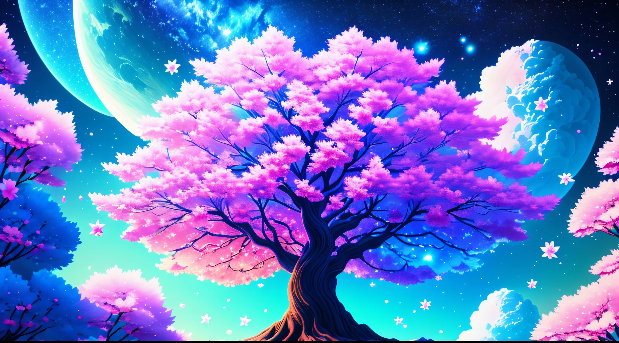 cherry blossom tree in space, colorful, blue, absurdres, high res, ultrasharp, 8k, masterpiece