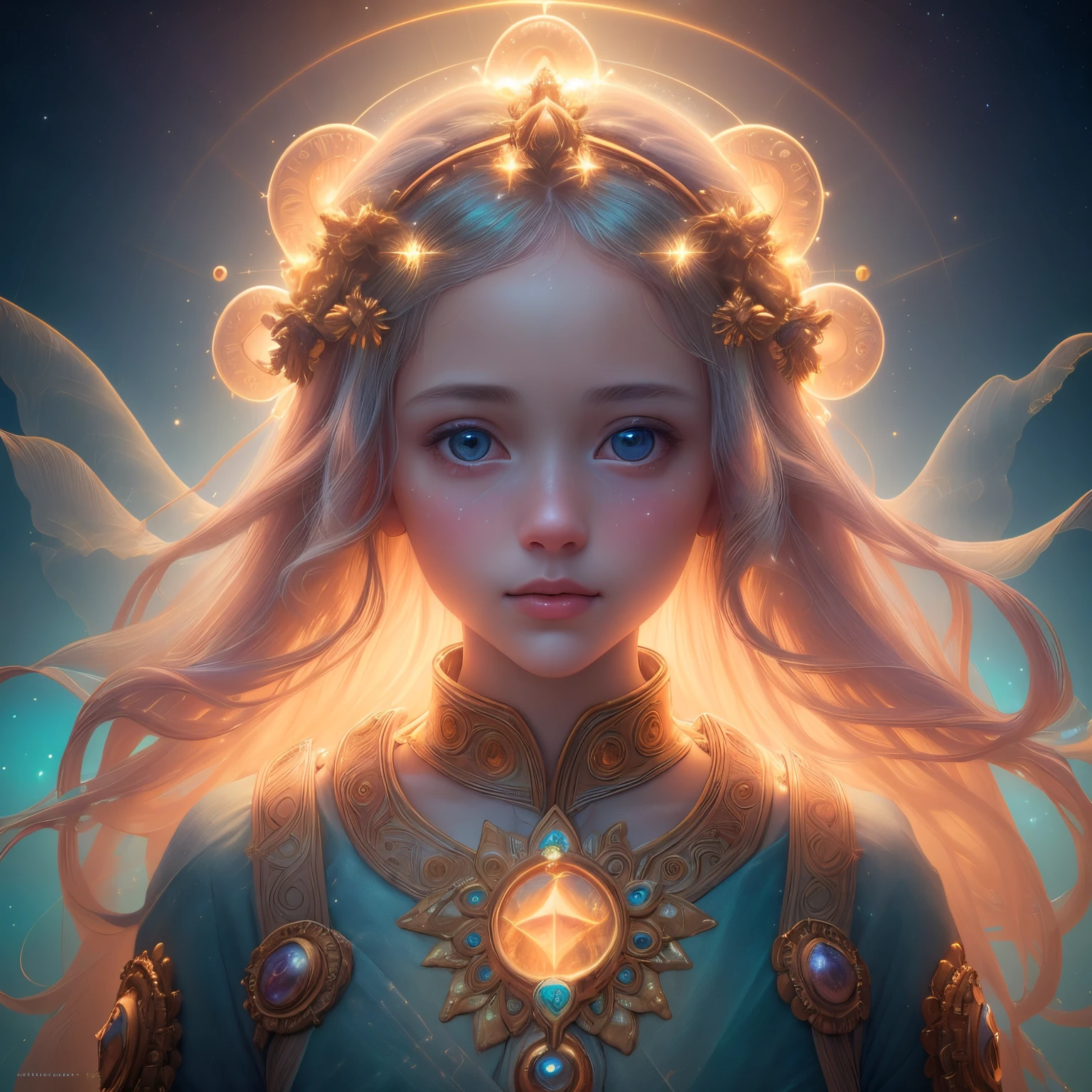 ((best quality)), ((masterpiece)), ((realistic)), portrait,
1girl, celestial, deity, goddess, light particles, halo, looking at viewer,empty,
(bioluminescent:0.95) ocean, bioluminescent, vibrant, colourful, color, (glowing, glow),
(beautiful composition), cinematic lighting, intricate, (symmetrical:0.5), whimsical,